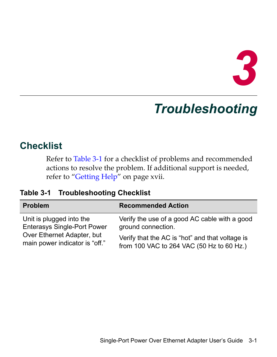 Troubleshooting, Checklist, Chapter 3: troubleshooting | Checklist -1, Troubleshooting checklist -1, Table 3‐1 | Enterasys Networks Network Ethernet Adapter User Manual | Page 27 / 36