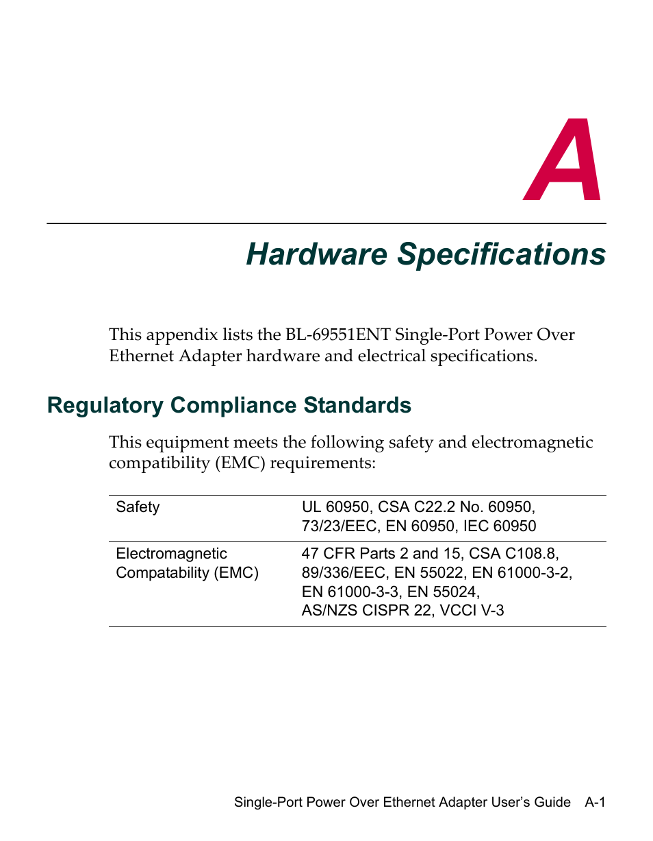 Hardware specifications, Regulatory compliance standards, Appendix a: hardware specifications | Enterasys Networks Network Ethernet Adapter User Manual | Page 31 / 36