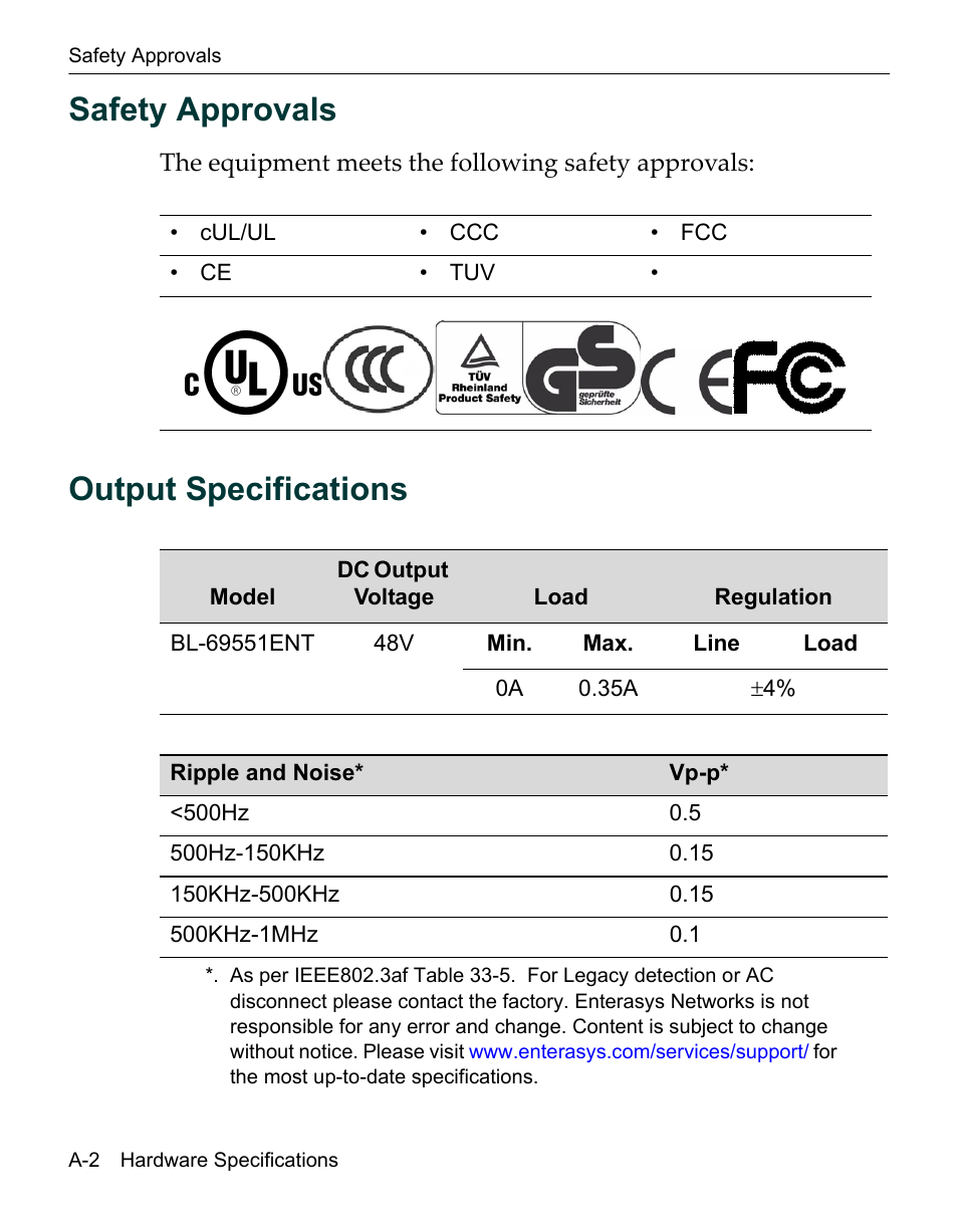 Safety approvals, Output specifications | Enterasys Networks Network Ethernet Adapter User Manual | Page 32 / 36