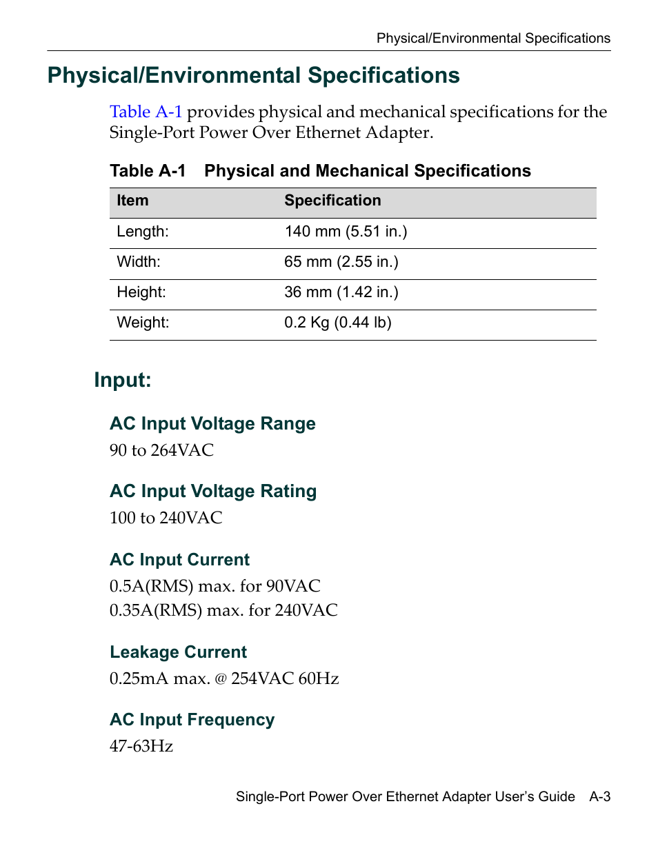 Physical/environmental specifications, Input | Enterasys Networks Network Ethernet Adapter User Manual | Page 33 / 36