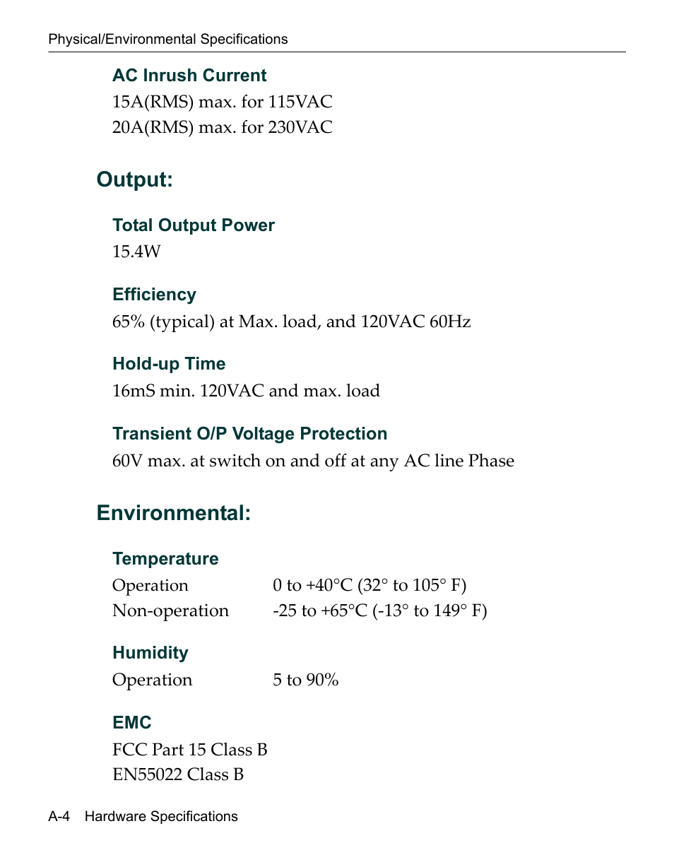 Output, Environmental | Enterasys Networks Network Ethernet Adapter User Manual | Page 34 / 36