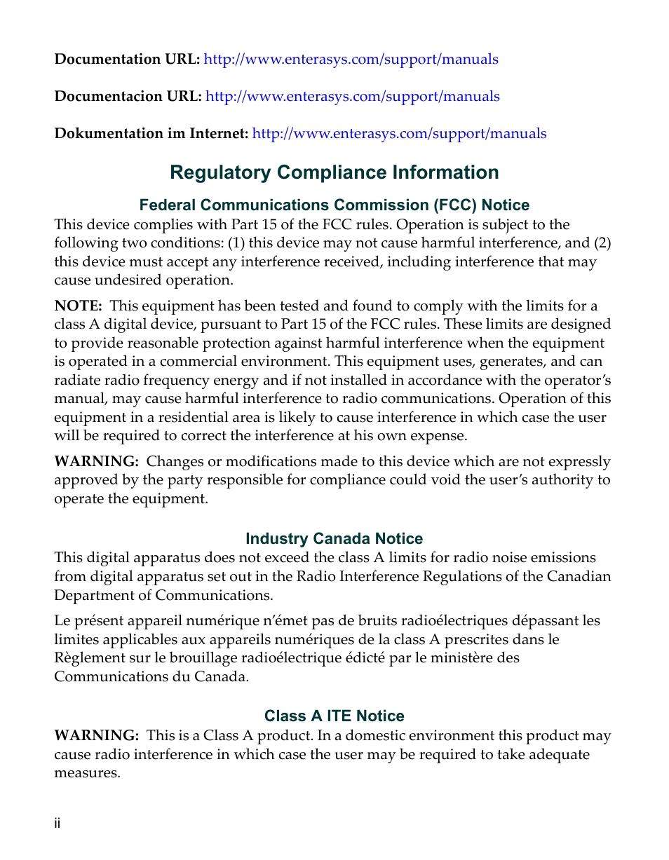 Regulatory compliance information, Federal communications commission (fcc) notice, Industry canada notice | Class a ite notice | Enterasys Networks Network Ethernet Adapter User Manual | Page 4 / 36