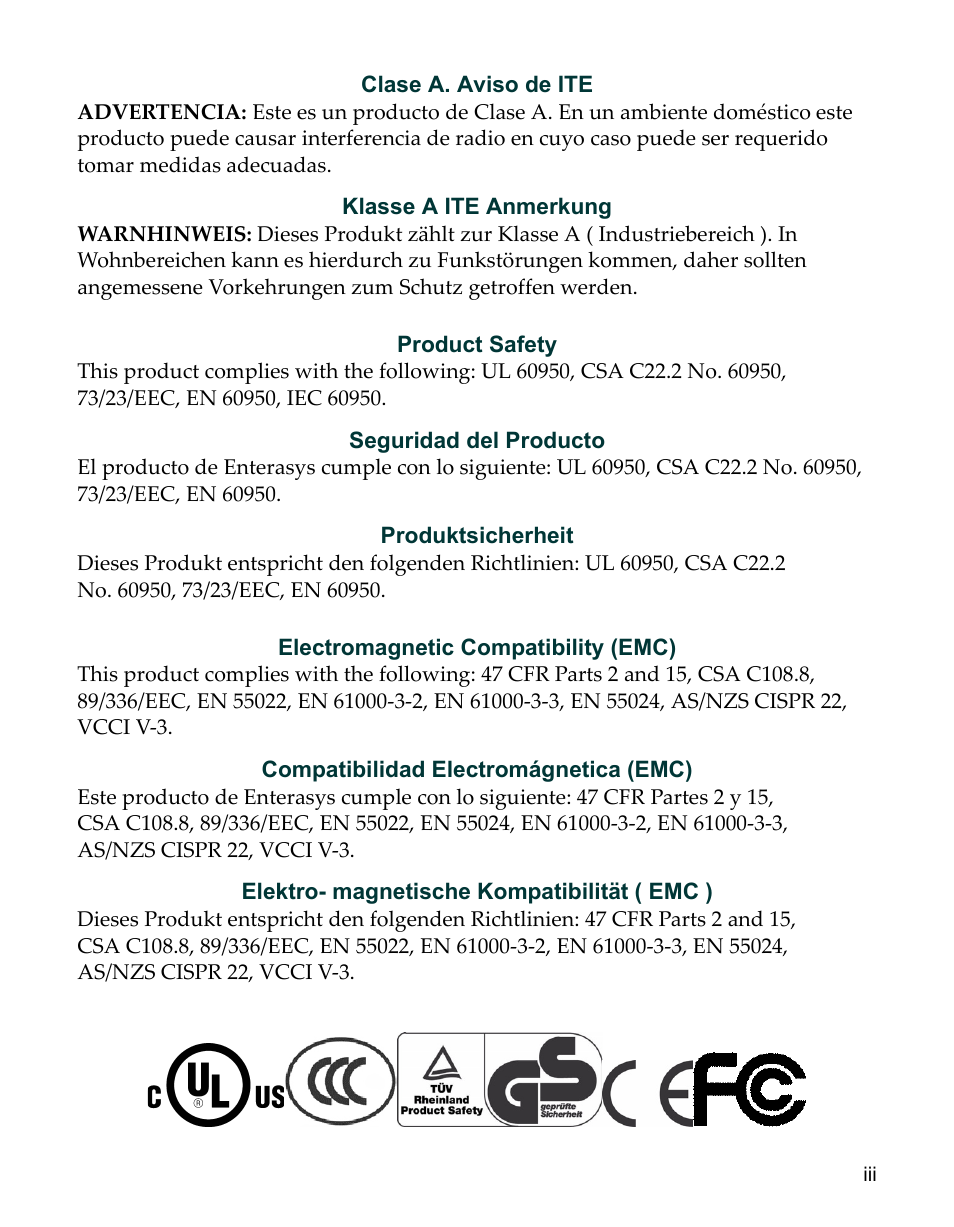 Clase a. aviso de ite, Klasse a ite anmerkung, Product safety | Seguridad del producto, Produktsicherheit, Electromagnetic compatibility (emc), Compatibilidad electromágnetica (emc), Elektro- magnetische kompatibilität ( emc ) | Enterasys Networks Network Ethernet Adapter User Manual | Page 5 / 36