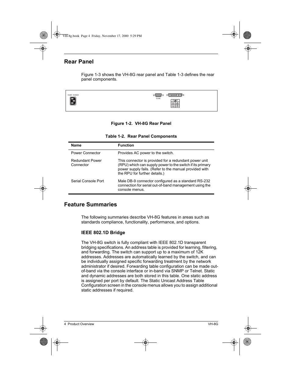 Rear panel, Feature summaries | Enterasys Networks Enterasys Vertical Horizon VH-8G User Manual | Page 18 / 48