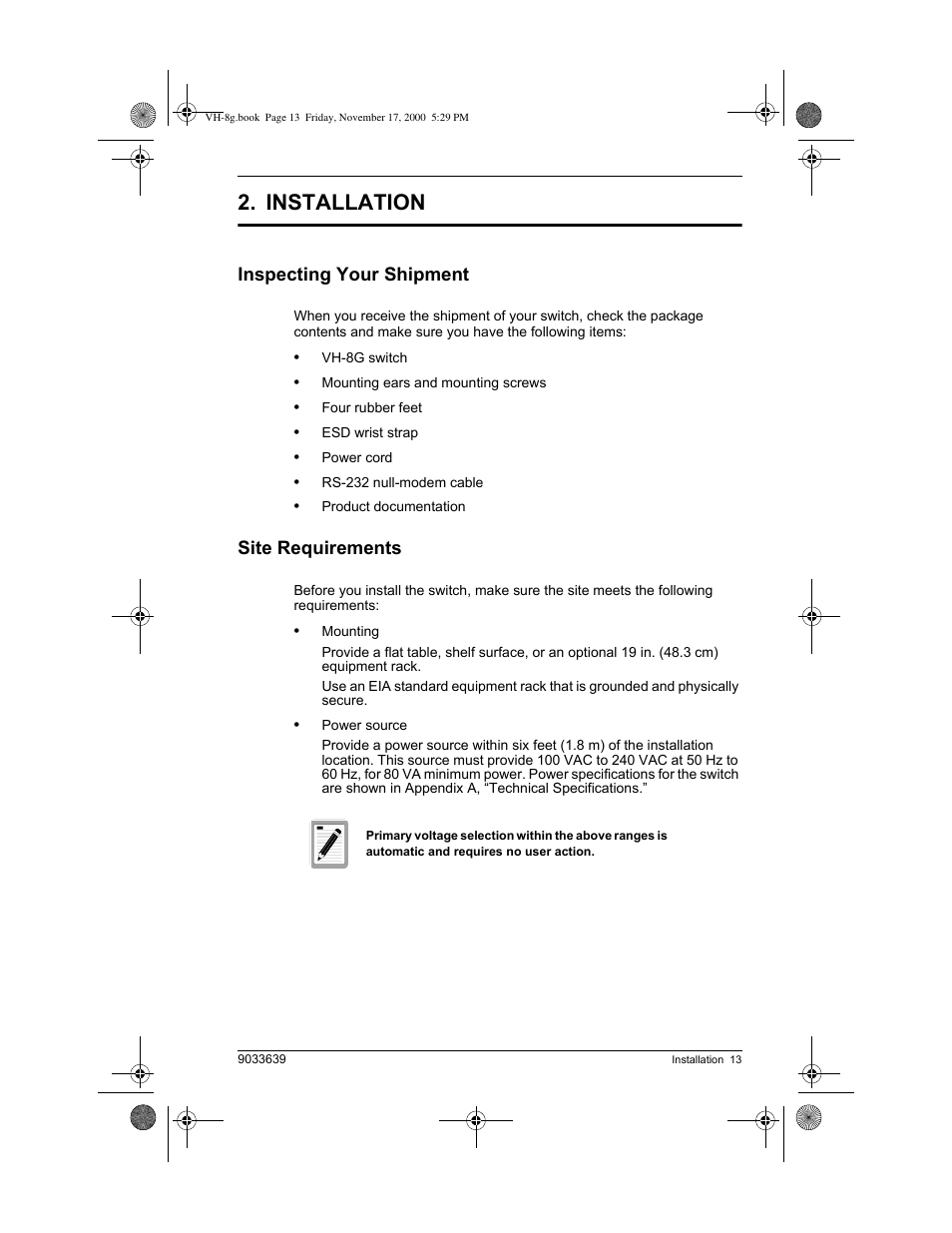 Installation, Inspecting your shipment, Site requirements | Enterasys Networks Enterasys Vertical Horizon VH-8G User Manual | Page 27 / 48