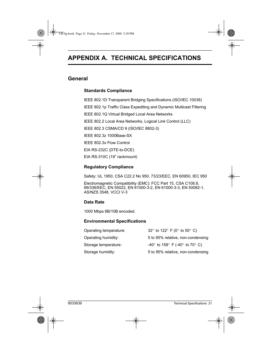 Technical specifications, Appendix a. technical specifications, General | Enterasys Networks Enterasys Vertical Horizon VH-8G User Manual | Page 35 / 48