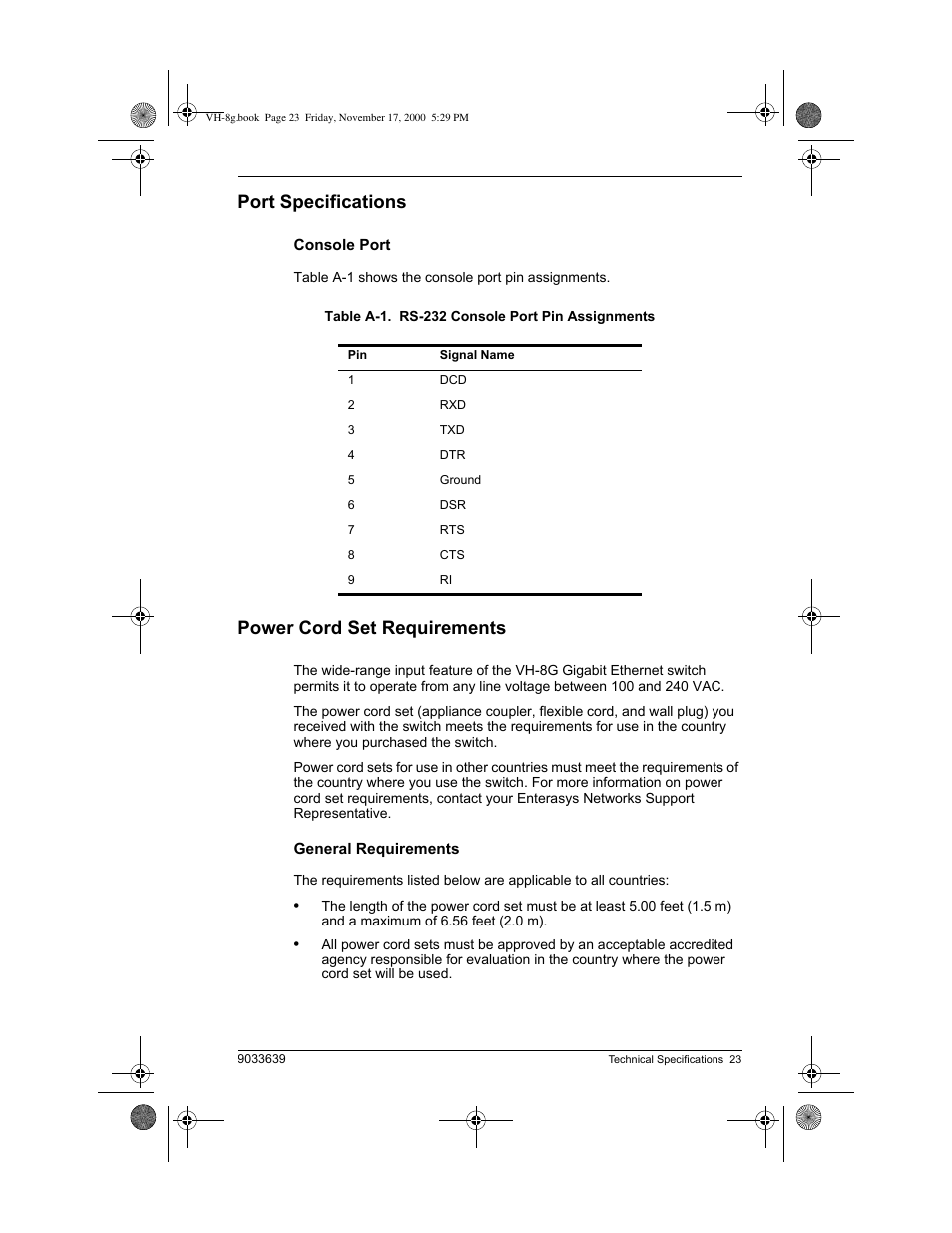 Port specifications, Power cord set requirements | Enterasys Networks Enterasys Vertical Horizon VH-8G User Manual | Page 37 / 48