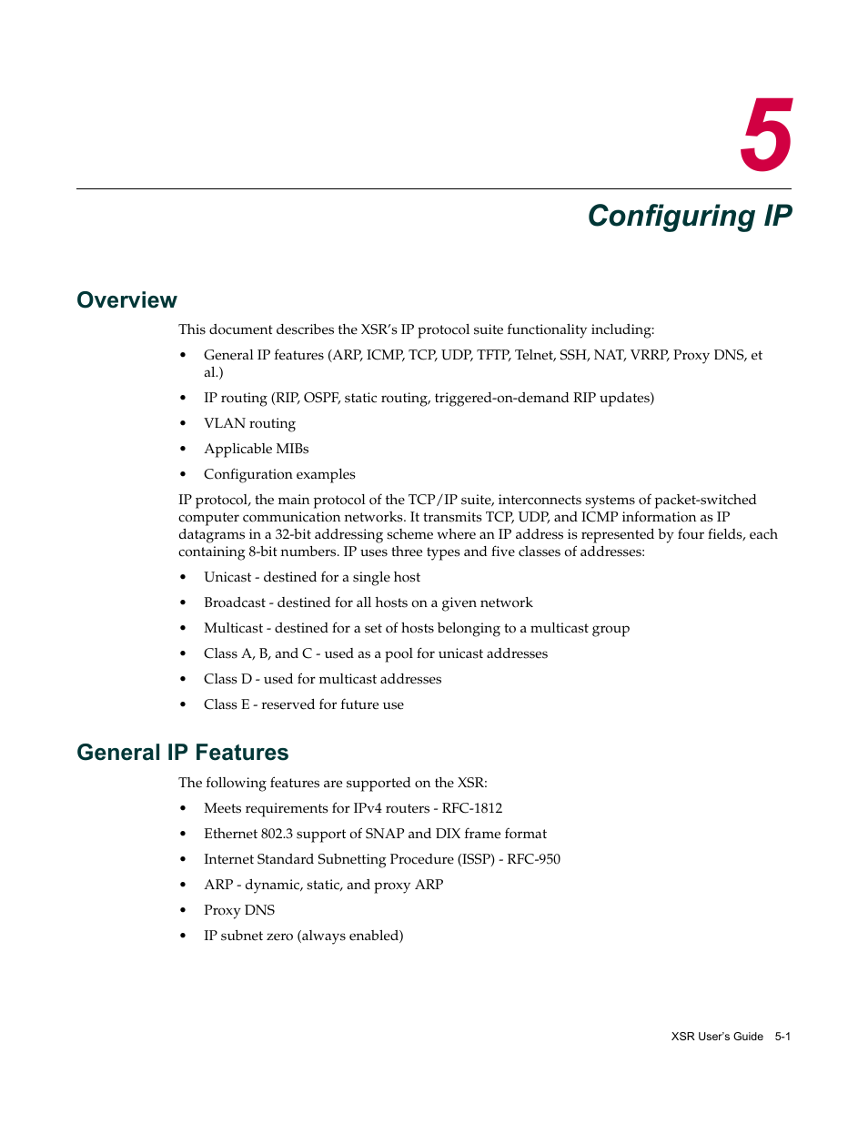Configuring ip, Overview, General ip features | Chapter 5: configuring ip, Overview -1 general ip features -1 | Enterasys Networks Security Router X-PeditionTM User Manual | Page 103 / 466