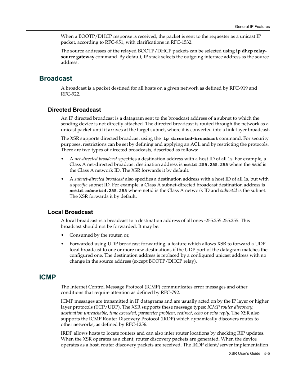 Broadcast, Directed broadcast, Local broadcast | Icmp, Broadcast -5, Directed broadcast -5 local broadcast -5, Icmp -5 | Enterasys Networks Security Router X-PeditionTM User Manual | Page 107 / 466