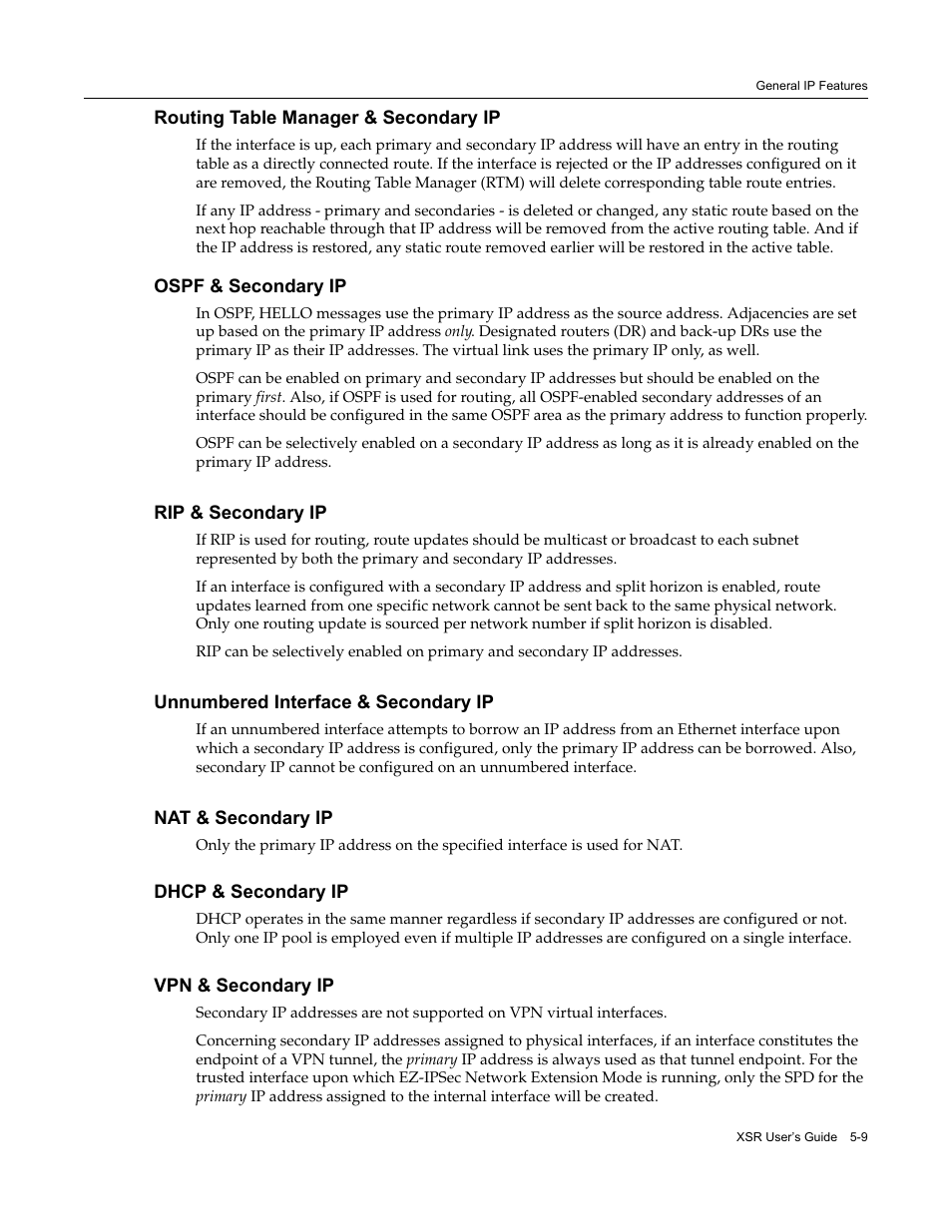 Routing table manager & secondary ip, Ospf & secondary ip, Rip & secondary ip | Unnumbered interface & secondary ip, Nat & secondary ip, Dhcp & secondary ip, Vpn & secondary ip | Enterasys Networks Security Router X-PeditionTM User Manual | Page 111 / 466