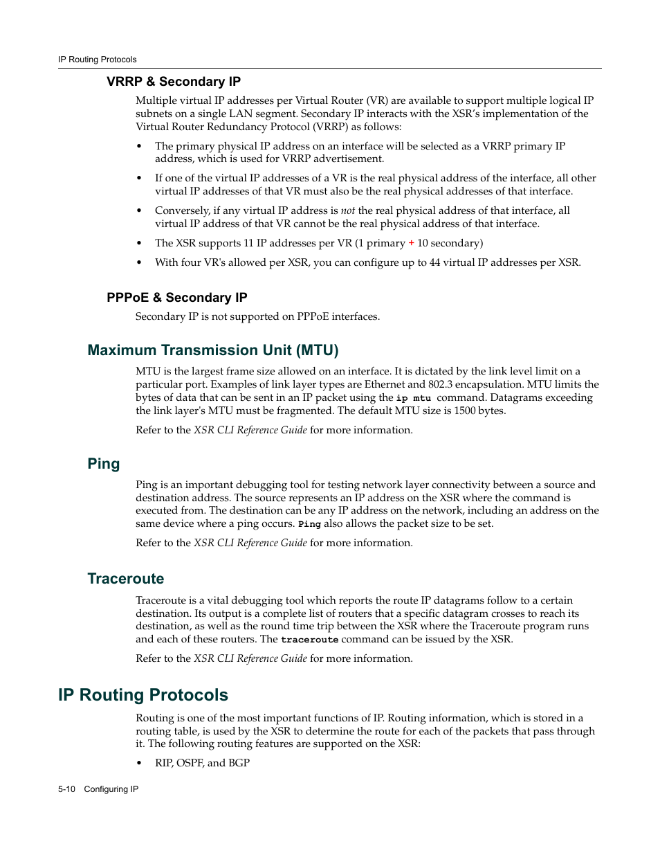 Vrrp & secondary ip, Pppoe & secondary ip, Maximum transmission unit (mtu) | Ping, Traceroute, Ip routing protocols, Vrrp & secondary ip -10 pppoe & secondary ip -10, Ip routing protocols -10 | Enterasys Networks Security Router X-PeditionTM User Manual | Page 112 / 466