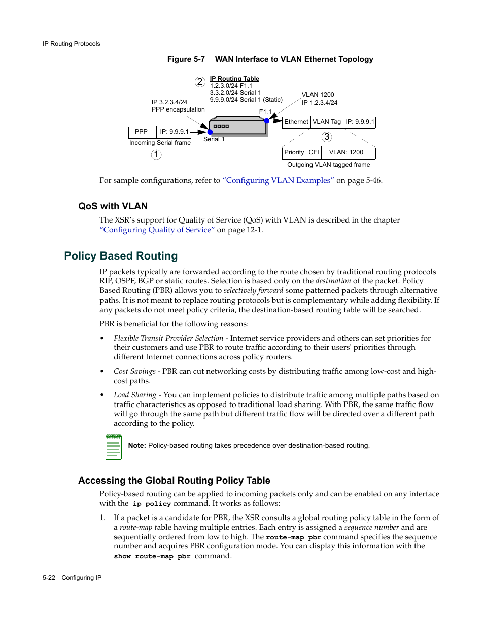 Qos with vlan, Policy based routing, Accessing the global routing policy table | Qos with vlan -22, Policy based routing -22, Accessing the global routing policy table -22, Figure 5-7 | Enterasys Networks Security Router X-PeditionTM User Manual | Page 124 / 466