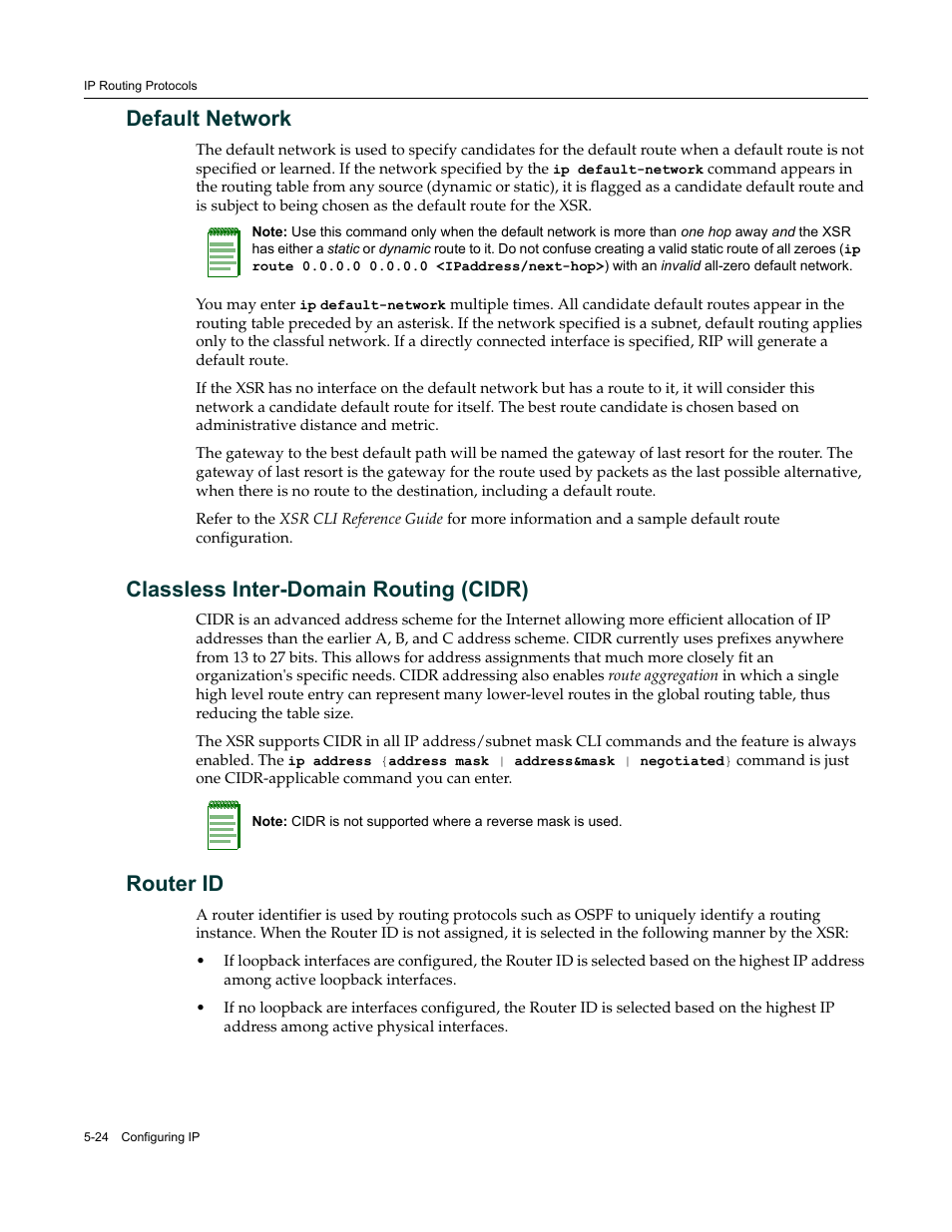 Default network, Classless inter-domain routing (cidr), Router id | Enterasys Networks Security Router X-PeditionTM User Manual | Page 126 / 466