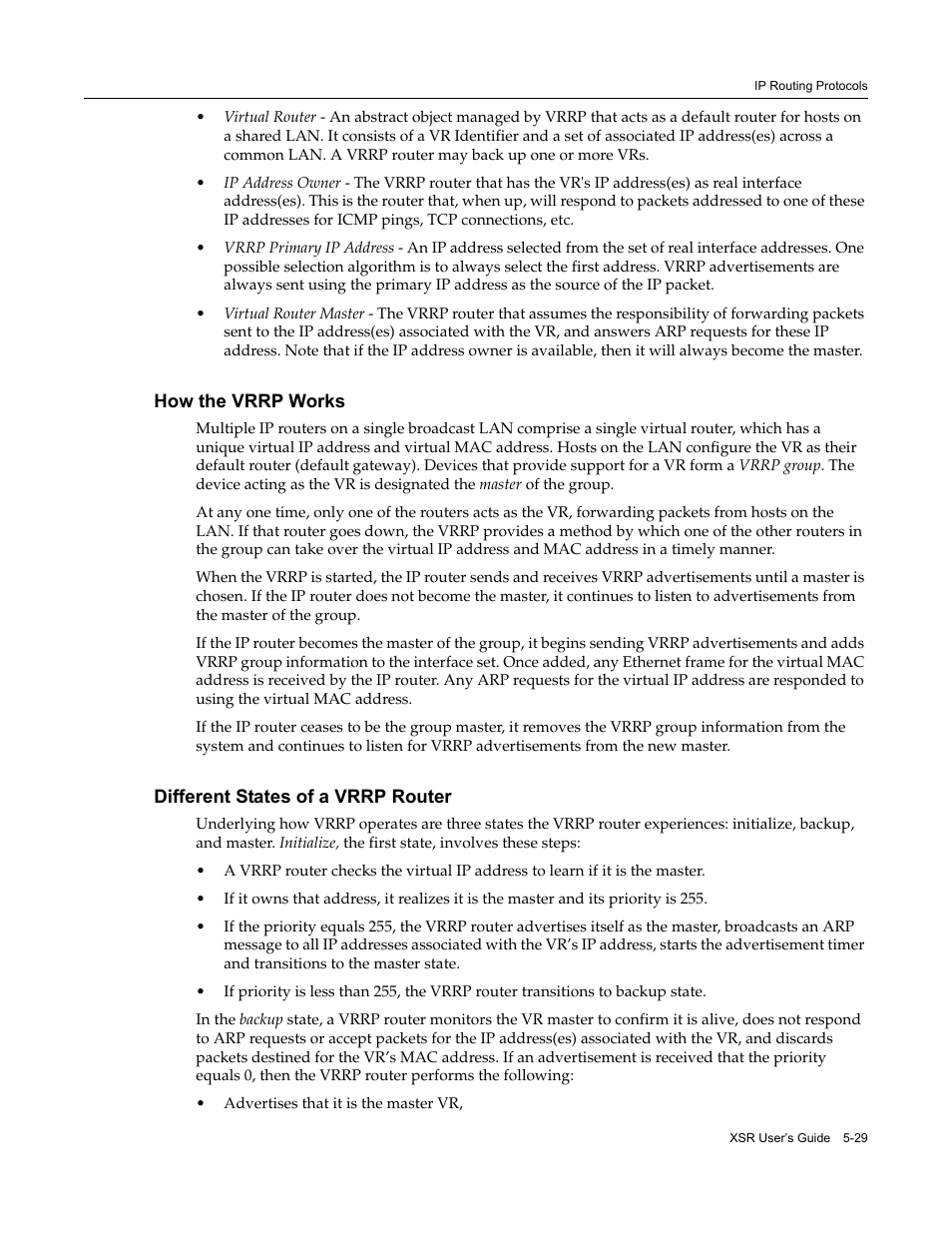 How the vrrp works, Different states of a vrrp router | Enterasys Networks Security Router X-PeditionTM User Manual | Page 131 / 466