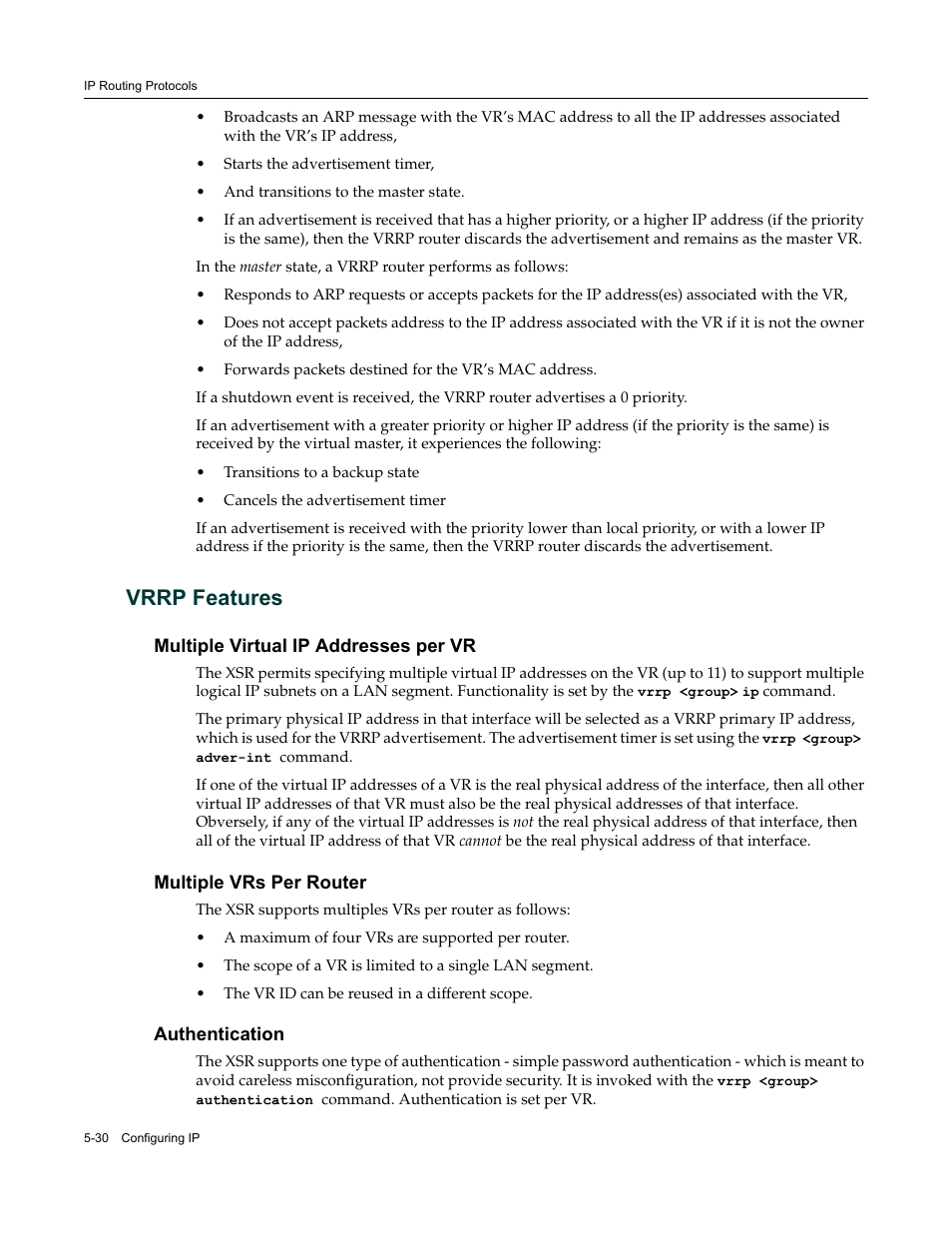 Vrrp features, Multiple virtual ip addresses per vr, Multiple vrs per router | Authentication, Vrrp features -30 | Enterasys Networks Security Router X-PeditionTM User Manual | Page 132 / 466