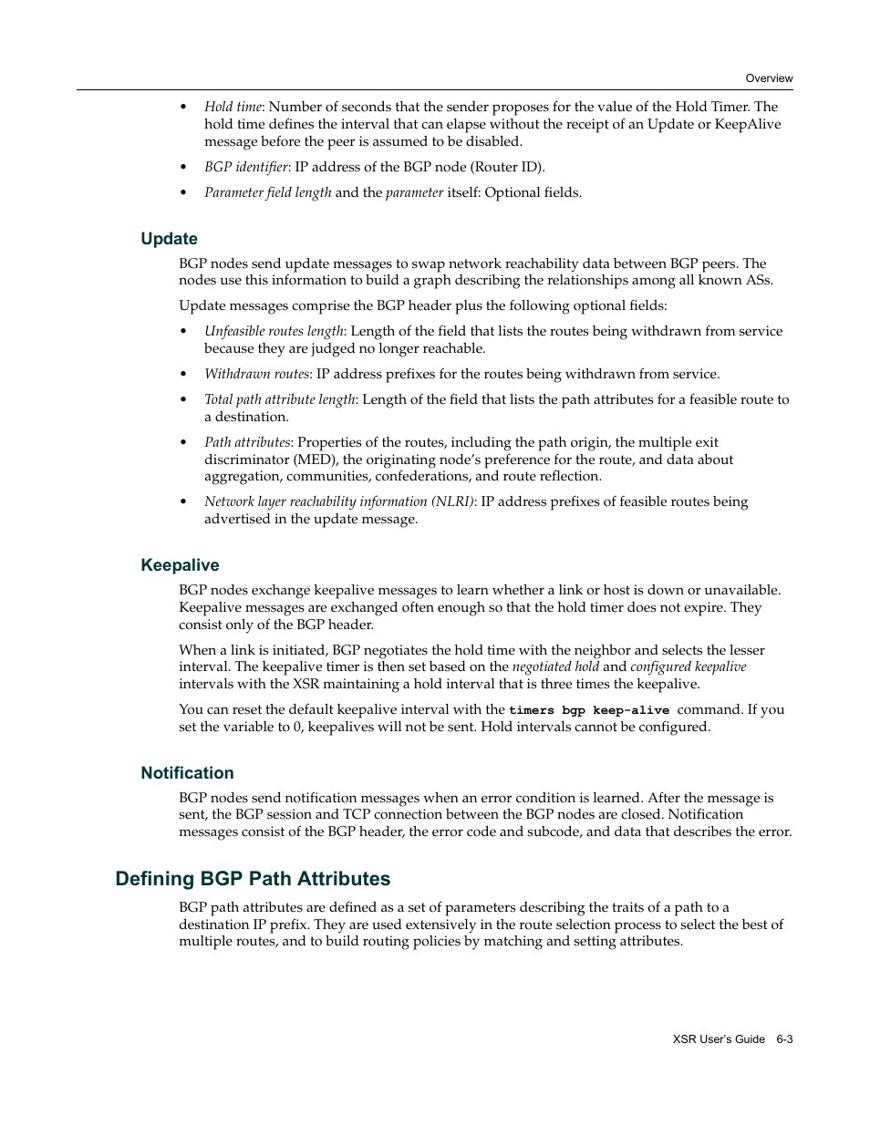 Update, Keepalive, Notification | Defining bgp path attributes, Update -3 keepalive -3 notification -3, Defining bgp path attributes -3 | Enterasys Networks Security Router X-PeditionTM User Manual | Page 151 / 466