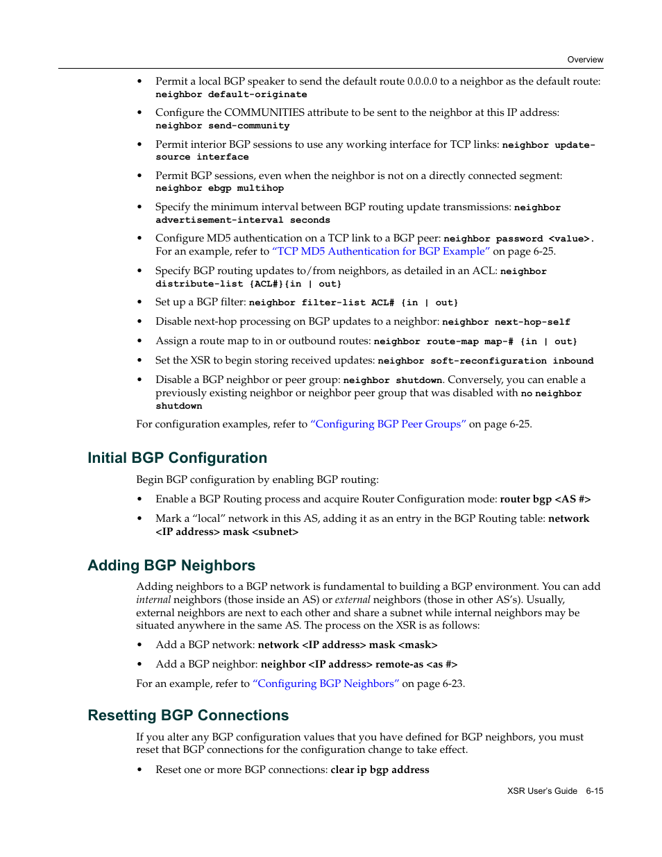 Initial bgp configuration, Adding bgp neighbors, Resetting bgp connections | Enterasys Networks Security Router X-PeditionTM User Manual | Page 163 / 466