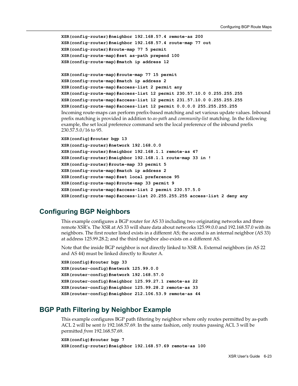 Configuring bgp neighbors, Bgp path filtering by neighbor example, R to | Enterasys Networks Security Router X-PeditionTM User Manual | Page 171 / 466