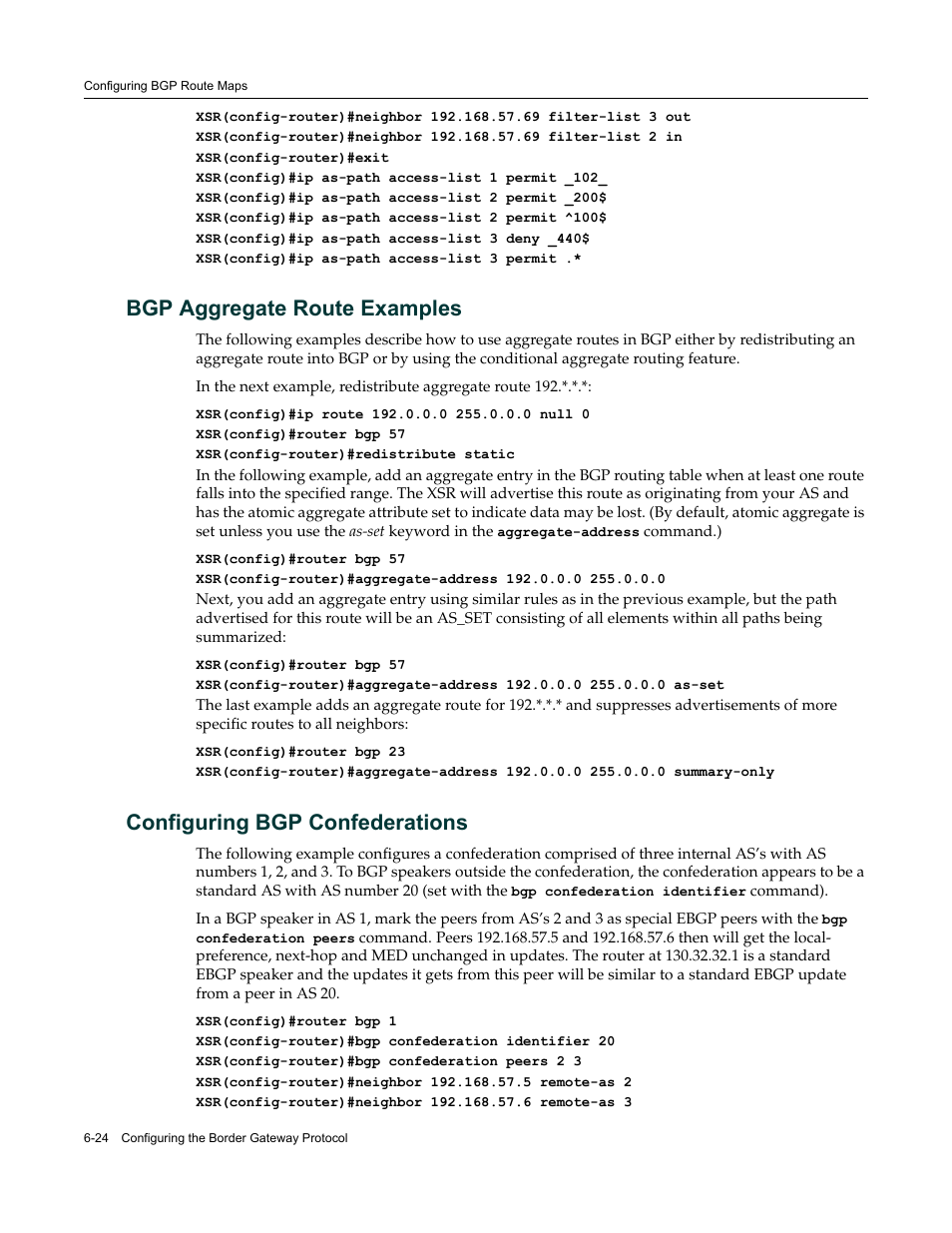Bgp aggregate route examples, Configuring bgp confederations, R to | Enterasys Networks Security Router X-PeditionTM User Manual | Page 172 / 466