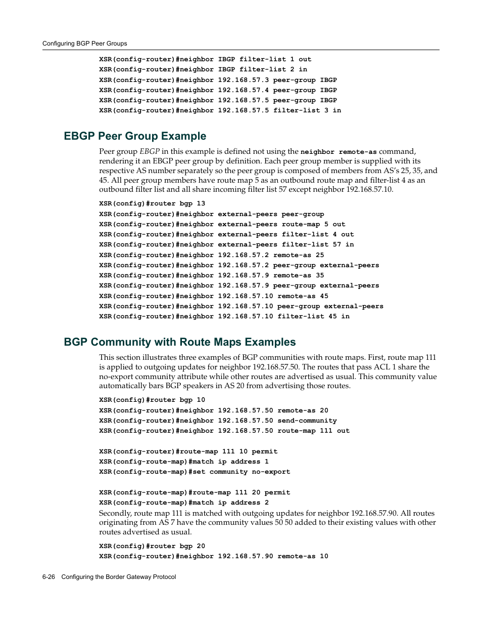 Ebgp peer group example, Bgp community with route maps examples, Bgp community with | Route maps examples | Enterasys Networks Security Router X-PeditionTM User Manual | Page 174 / 466