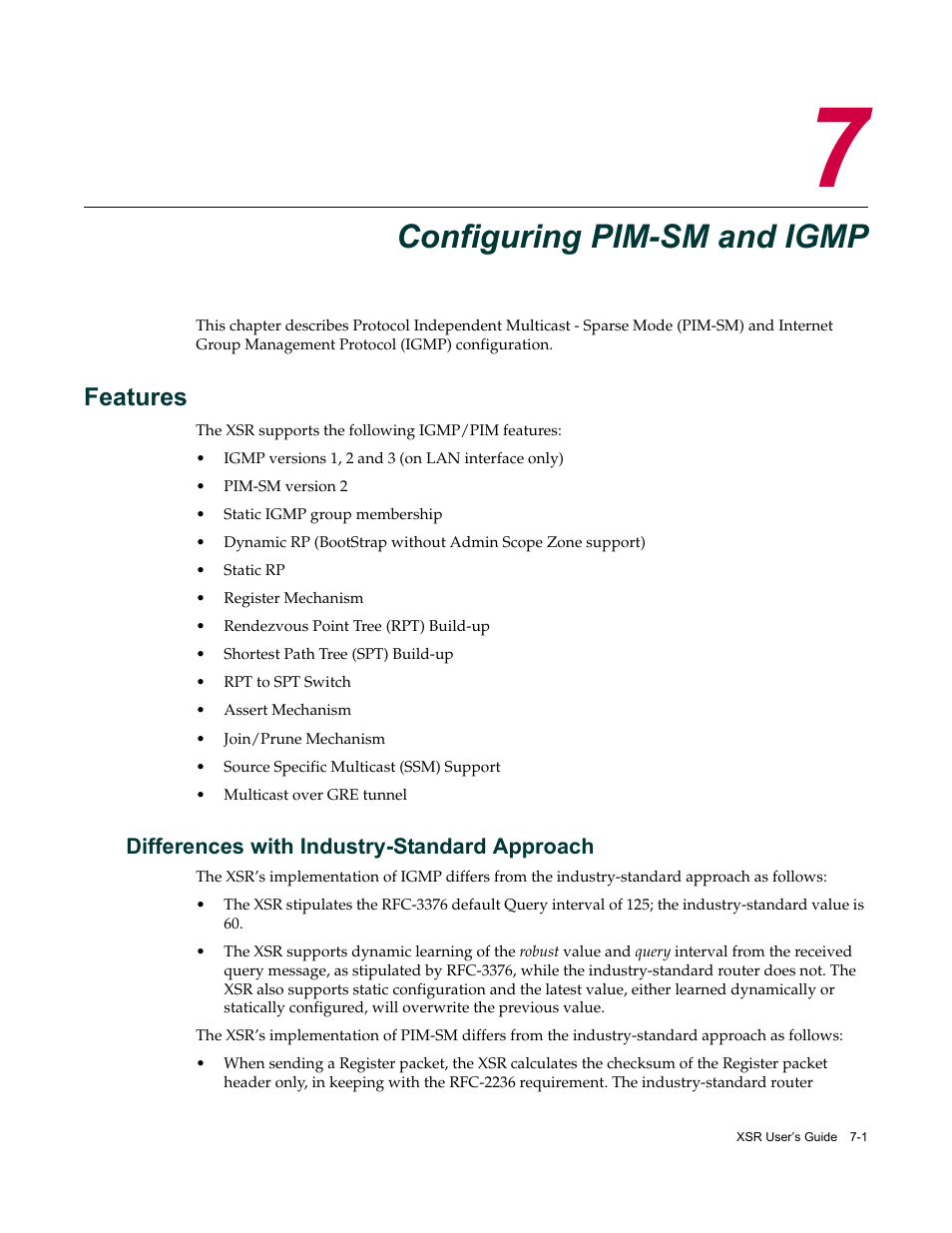 Configuring pim-sm and igmp, Features, Differences with industry-standard approach | Chapter 7: configuring pim-sm and igmp, Features -1, Differences with industry-standard approach -1 | Enterasys Networks Security Router X-PeditionTM User Manual | Page 177 / 466