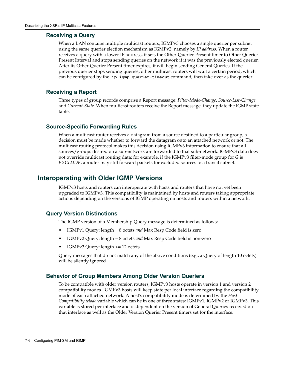 Receiving a query, Receiving a report, Source-specific forwarding rules | Interoperating with older igmp versions, Query version distinctions, Interoperating with older igmp versions -6 | Enterasys Networks Security Router X-PeditionTM User Manual | Page 182 / 466