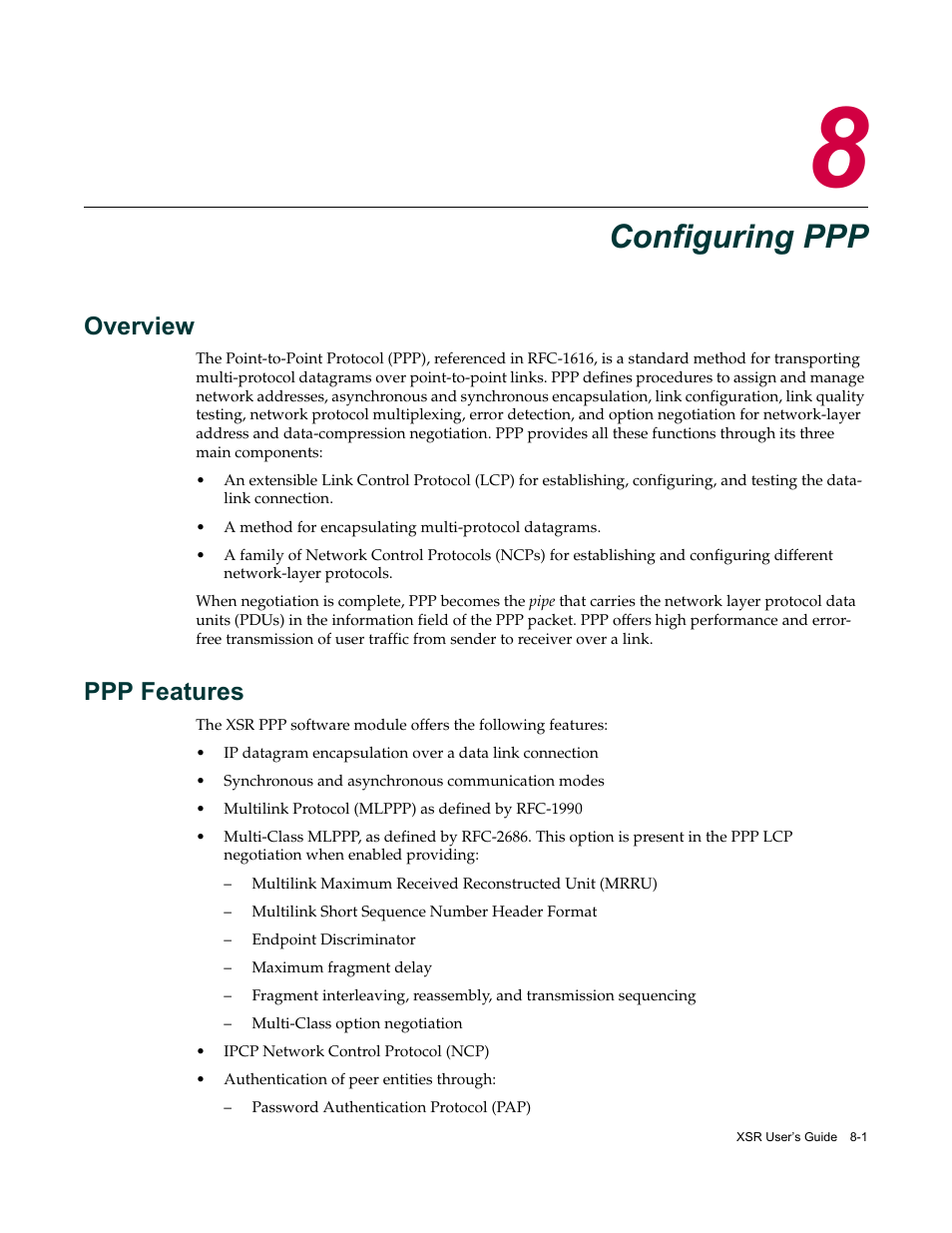 Configuring ppp, Overview, Ppp features | Chapter 8: configuring ppp, Overview -1 ppp features -1 | Enterasys Networks Security Router X-PeditionTM User Manual | Page 191 / 466