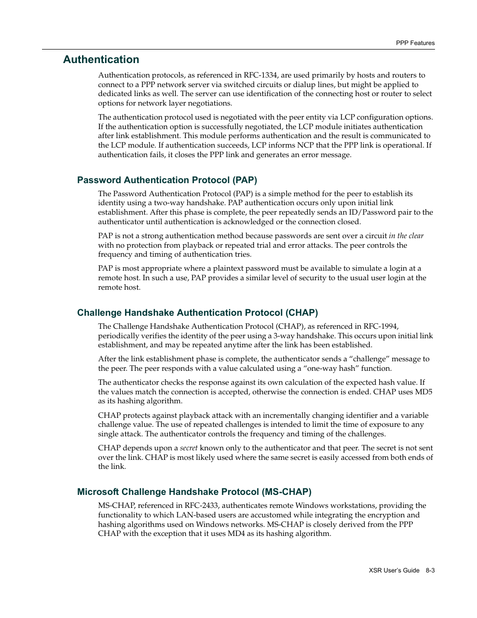 Authentication, Password authentication protocol (pap), Challenge handshake authentication protocol (chap) | Microsoft challenge handshake protocol (ms-chap), Authentication -3 | Enterasys Networks Security Router X-PeditionTM User Manual | Page 193 / 466