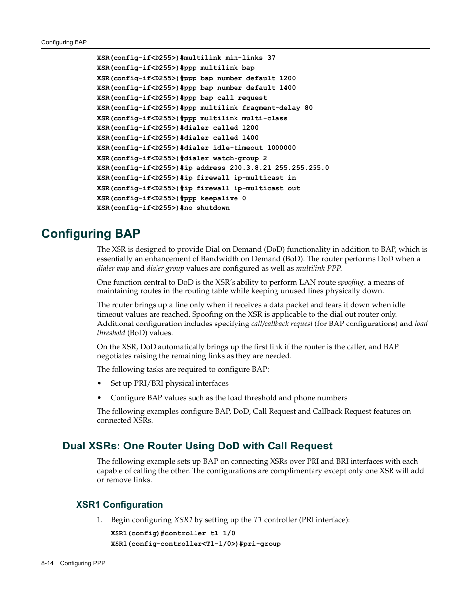 Configuring bap, Dual xsrs: one router using dod with call request, Xsr1 configuration | Configuring bap -14, Xsr1 configuration -14 | Enterasys Networks Security Router X-PeditionTM User Manual | Page 204 / 466