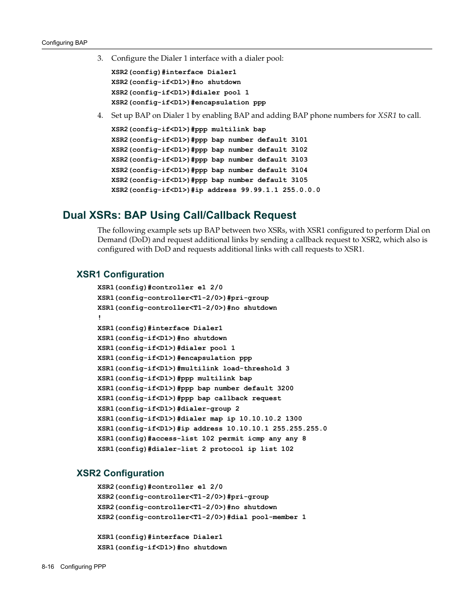 Dual xsrs: bap using call/callback request, Xsr1 configuration, Xsr2 configuration | Dual xsrs: bap using call/callback request -16, Xsr1 configuration -16 xsr2 configuration -16 | Enterasys Networks Security Router X-PeditionTM User Manual | Page 206 / 466