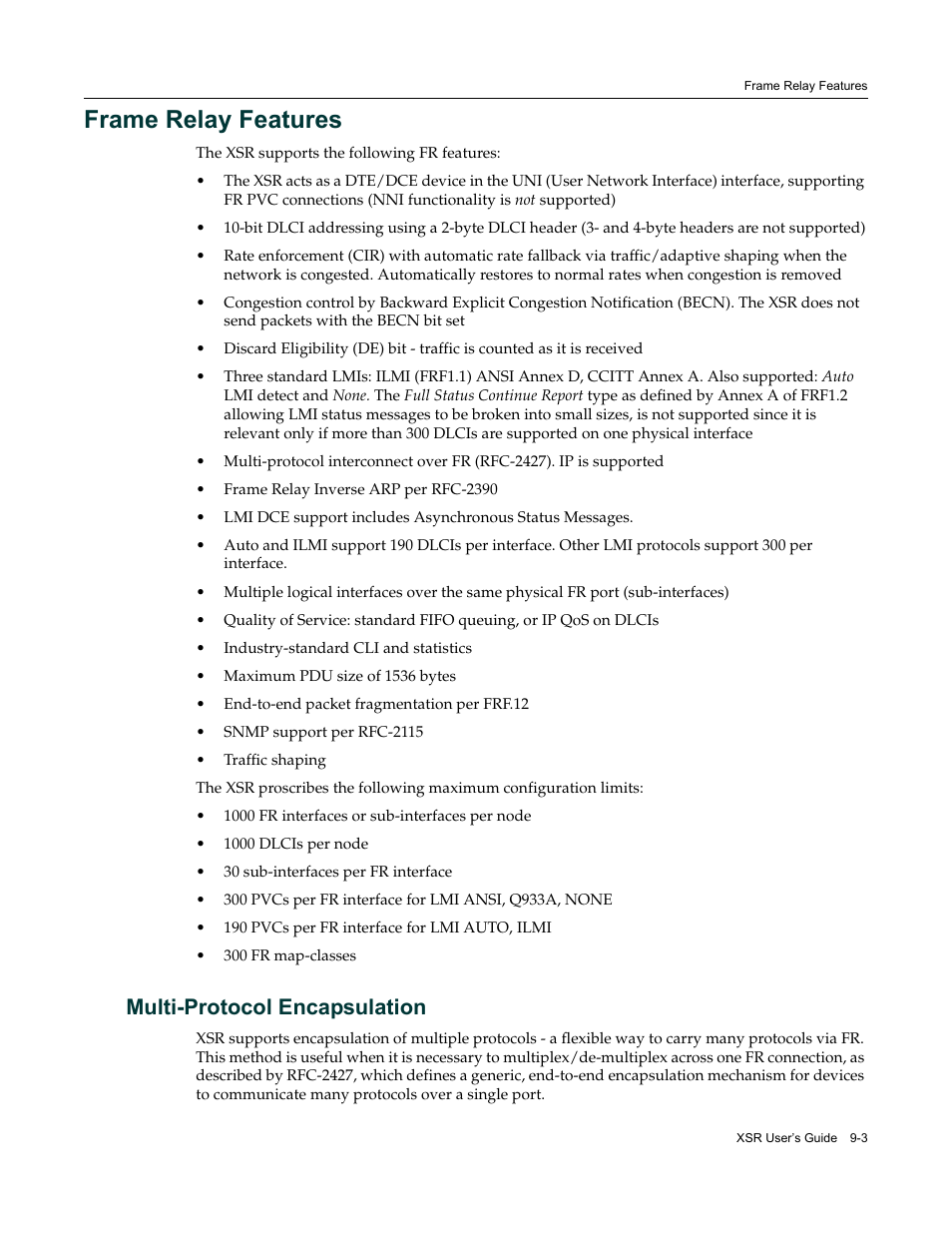 Frame relay features, Multi-protocol encapsulation, Frame relay features -3 | Multi-protocol encapsulation -3 | Enterasys Networks Security Router X-PeditionTM User Manual | Page 211 / 466