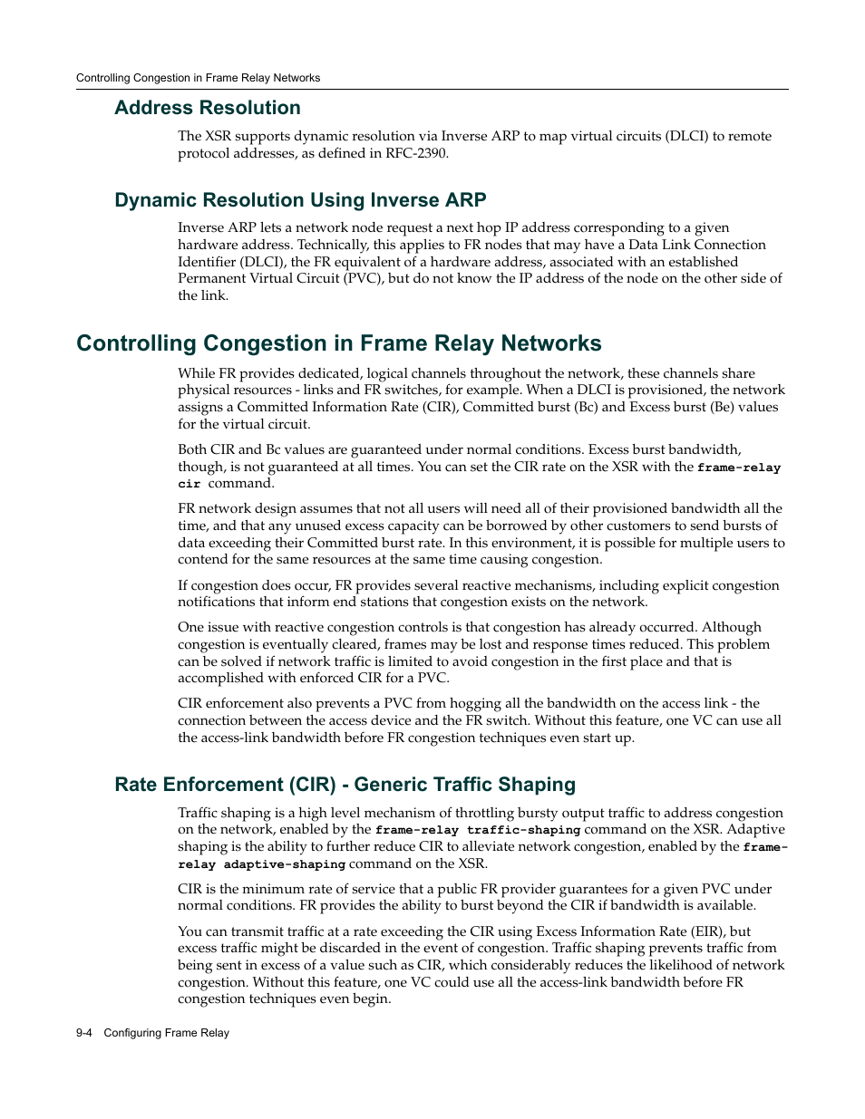 Address resolution, Dynamic resolution using inverse arp, Controlling congestion in frame relay networks | Rate enforcement (cir) - generic traffic shaping, Controlling congestion in frame relay networks -4 | Enterasys Networks Security Router X-PeditionTM User Manual | Page 212 / 466