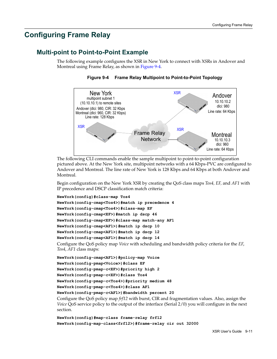Configuring frame relay, Multi-point to point-to-point example, Configuring frame relay -11 | Multi-point to point-to-point example -11, New york, Andover montreal | Enterasys Networks Security Router X-PeditionTM User Manual | Page 219 / 466