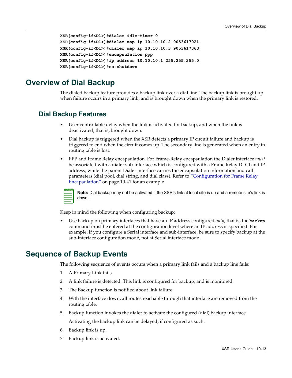 Overview of dial backup, Dial backup features, Sequence of backup events | Overview of dial backup -13, Dial backup features -13, Sequence of backup events -13 | Enterasys Networks Security Router X-PeditionTM User Manual | Page 235 / 466