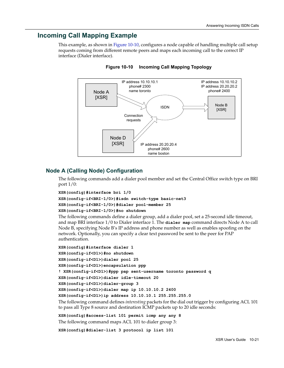 Incoming call mapping example, Node a (calling node) configuration, Incoming call mapping example -21 | Node a (calling node) configuration -21 | Enterasys Networks Security Router X-PeditionTM User Manual | Page 243 / 466