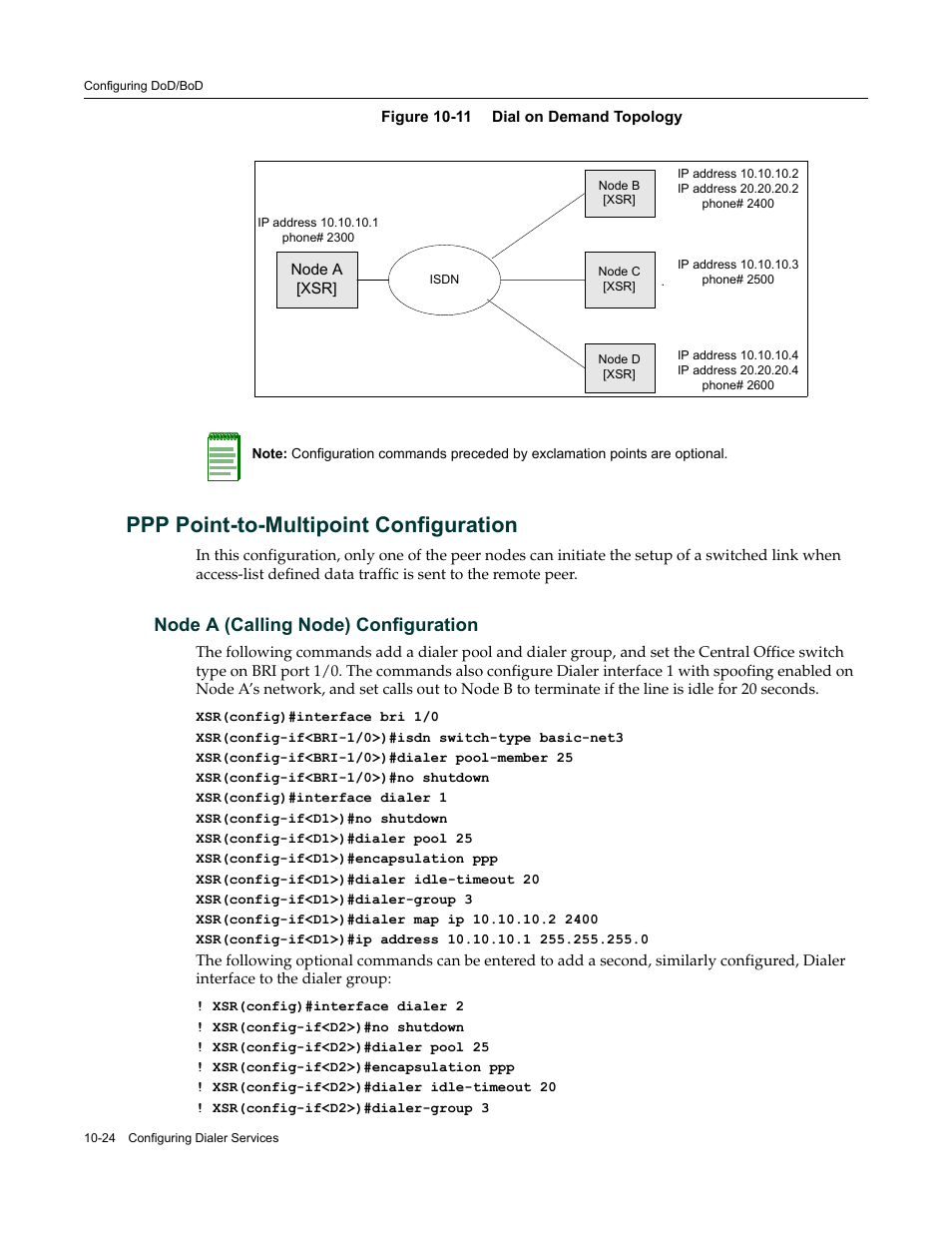 Ppp point-to-multipoint configuration, Node a (calling node) configuration, Ppp point-to-multipoint configuration -24 | Node a (calling node) configuration -24, Figure 10-11 | Enterasys Networks Security Router X-PeditionTM User Manual | Page 246 / 466
