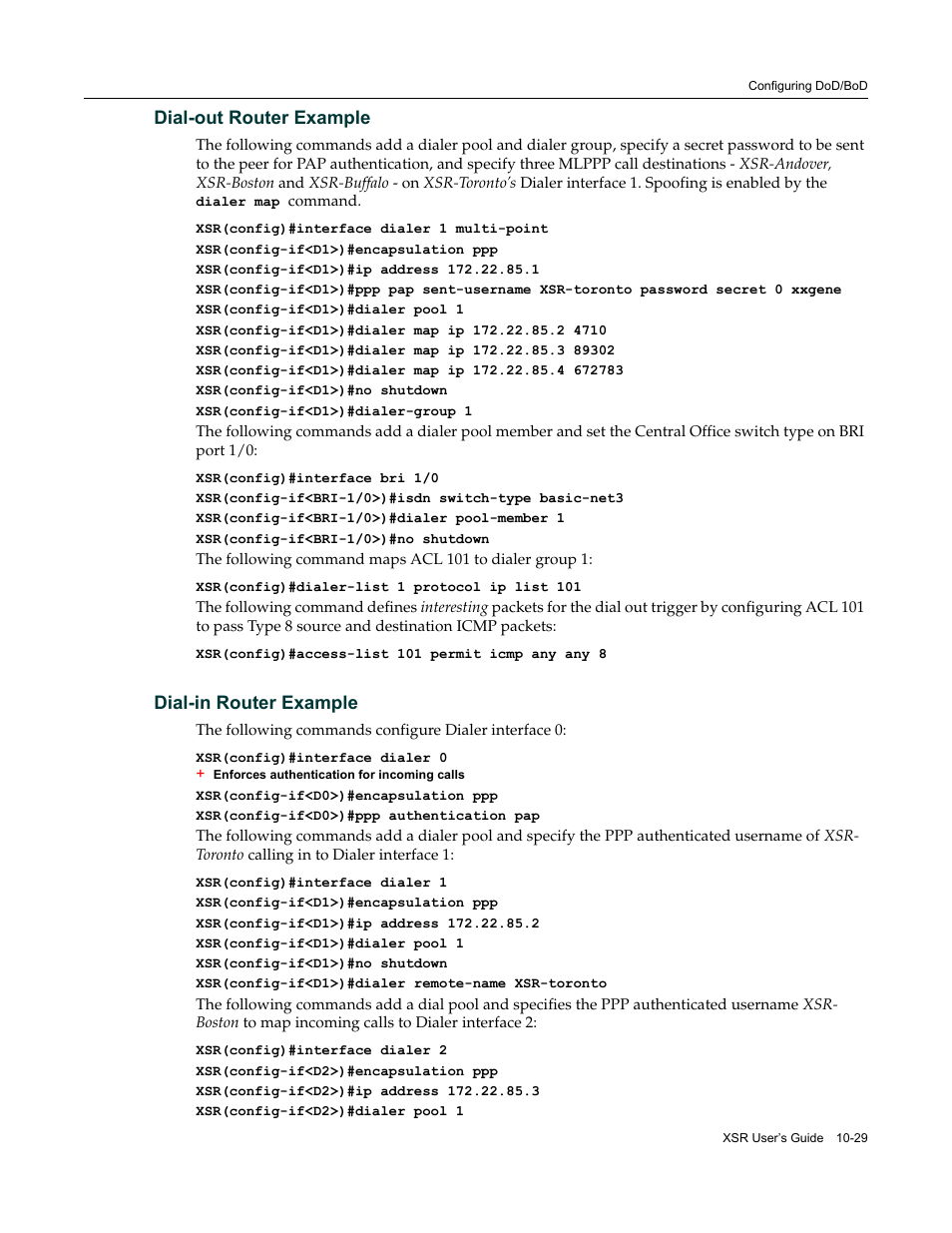 Dial-out router example, Dial-in router example | Enterasys Networks Security Router X-PeditionTM User Manual | Page 251 / 466