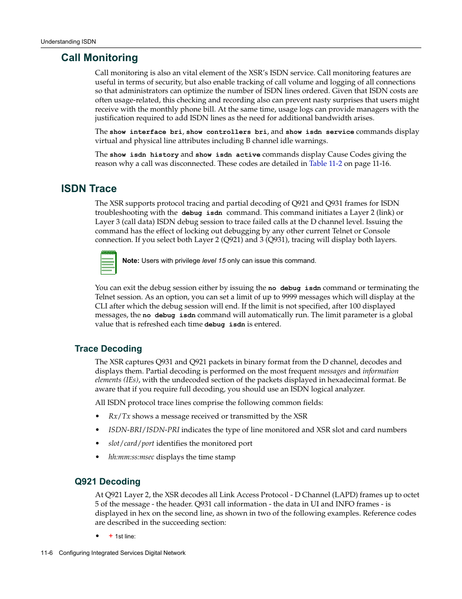 Trace decoding, Q921 decoding, Call monitoring -6 isdn trace -6 | Trace decoding -6 q921 decoding -6, Call monitoring, Isdn trace | Enterasys Networks Security Router X-PeditionTM User Manual | Page 270 / 466