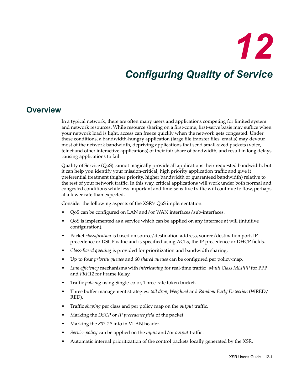 Configuring quality of service, Overview, Chapter 12: configuring quality of service | Overview -1 | Enterasys Networks Security Router X-PeditionTM User Manual | Page 283 / 466