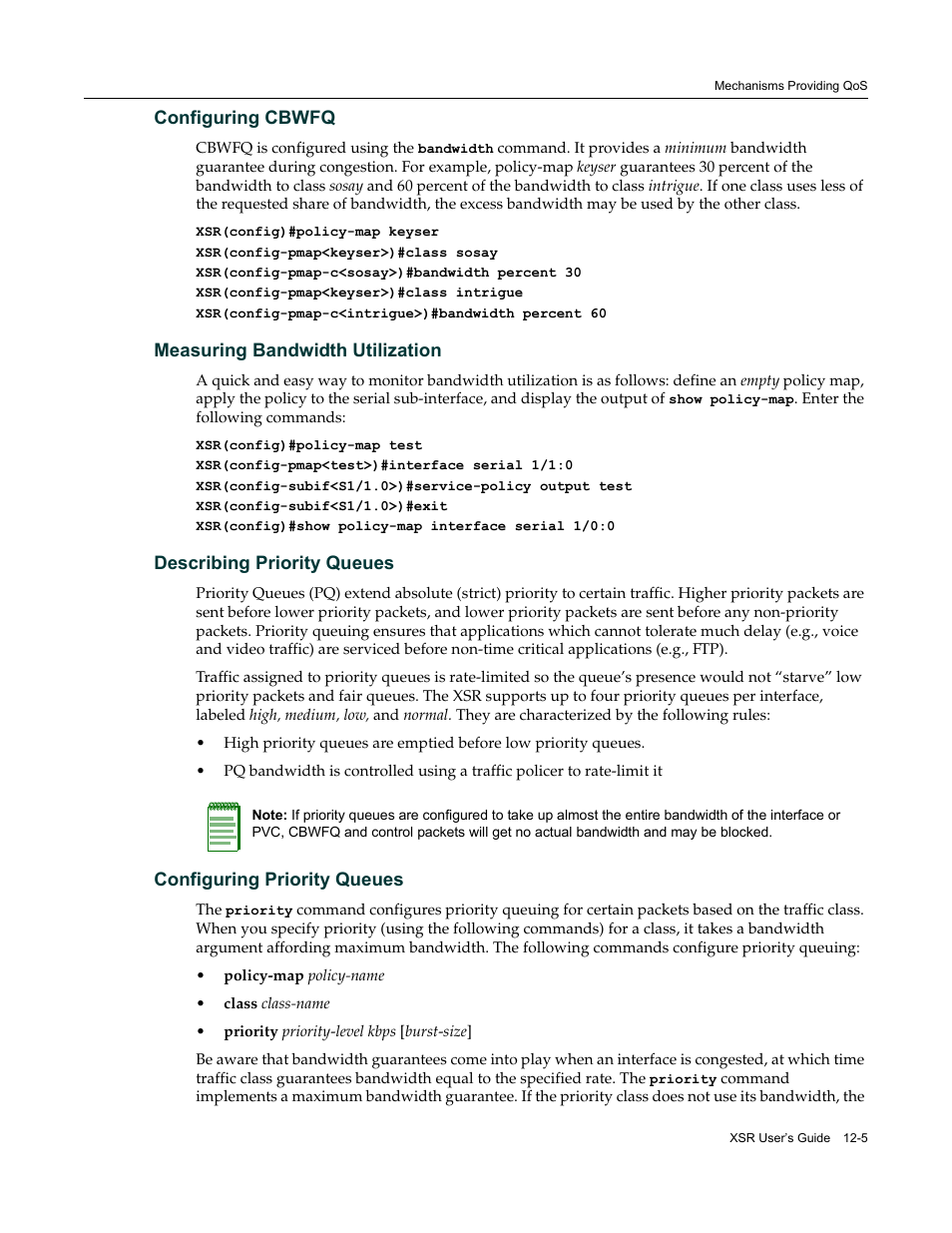 Configuring cbwfq, Measuring bandwidth utilization, Describing priority queues | Configuring priority queues, Configuring cbwfq -5 | Enterasys Networks Security Router X-PeditionTM User Manual | Page 287 / 466