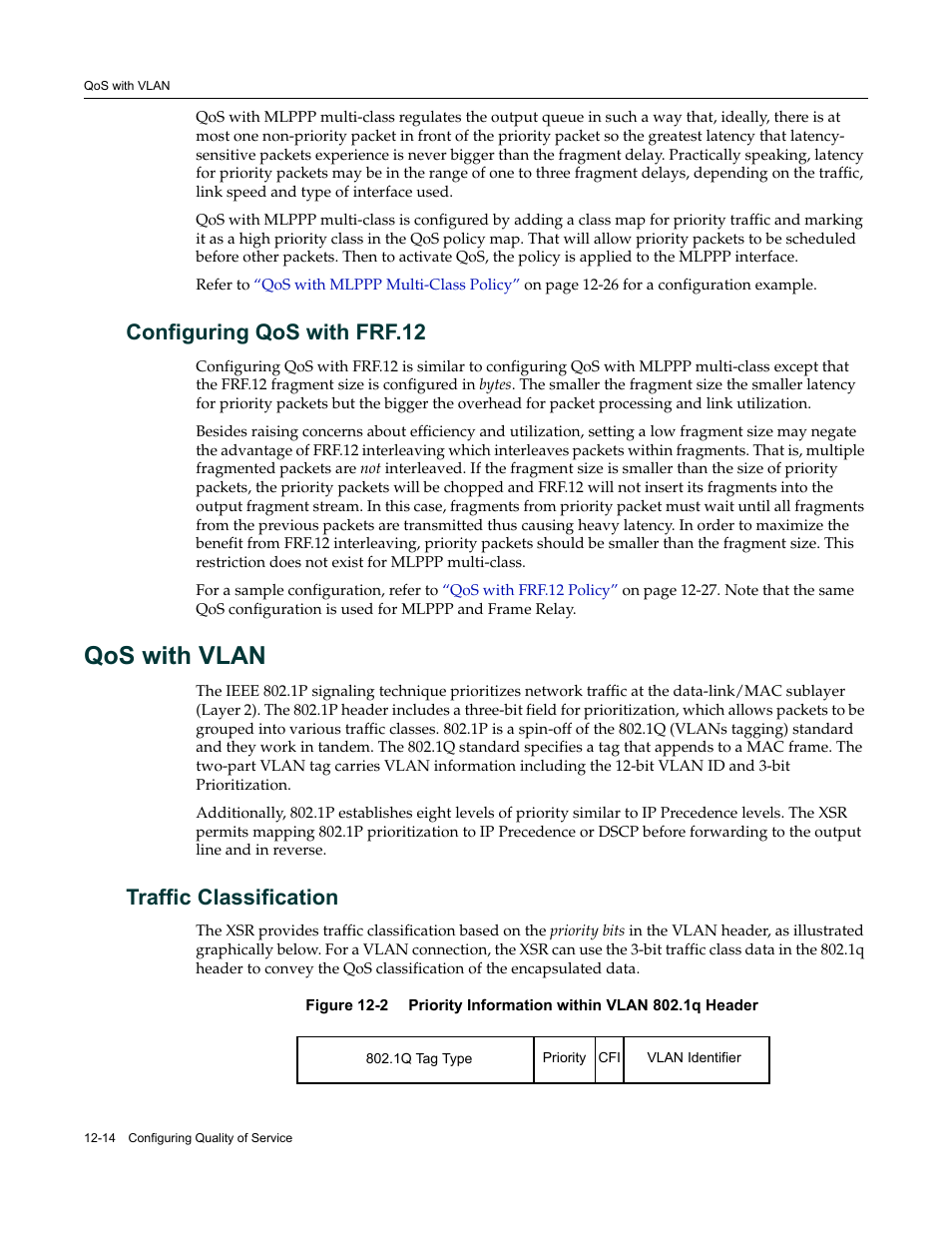 Configuring qos with frf.12, Qos with vlan, Traffic classification | Configuring qos with frf.12 -14, Qos with vlan -14, Traffic classification -14 | Enterasys Networks Security Router X-PeditionTM User Manual | Page 296 / 466