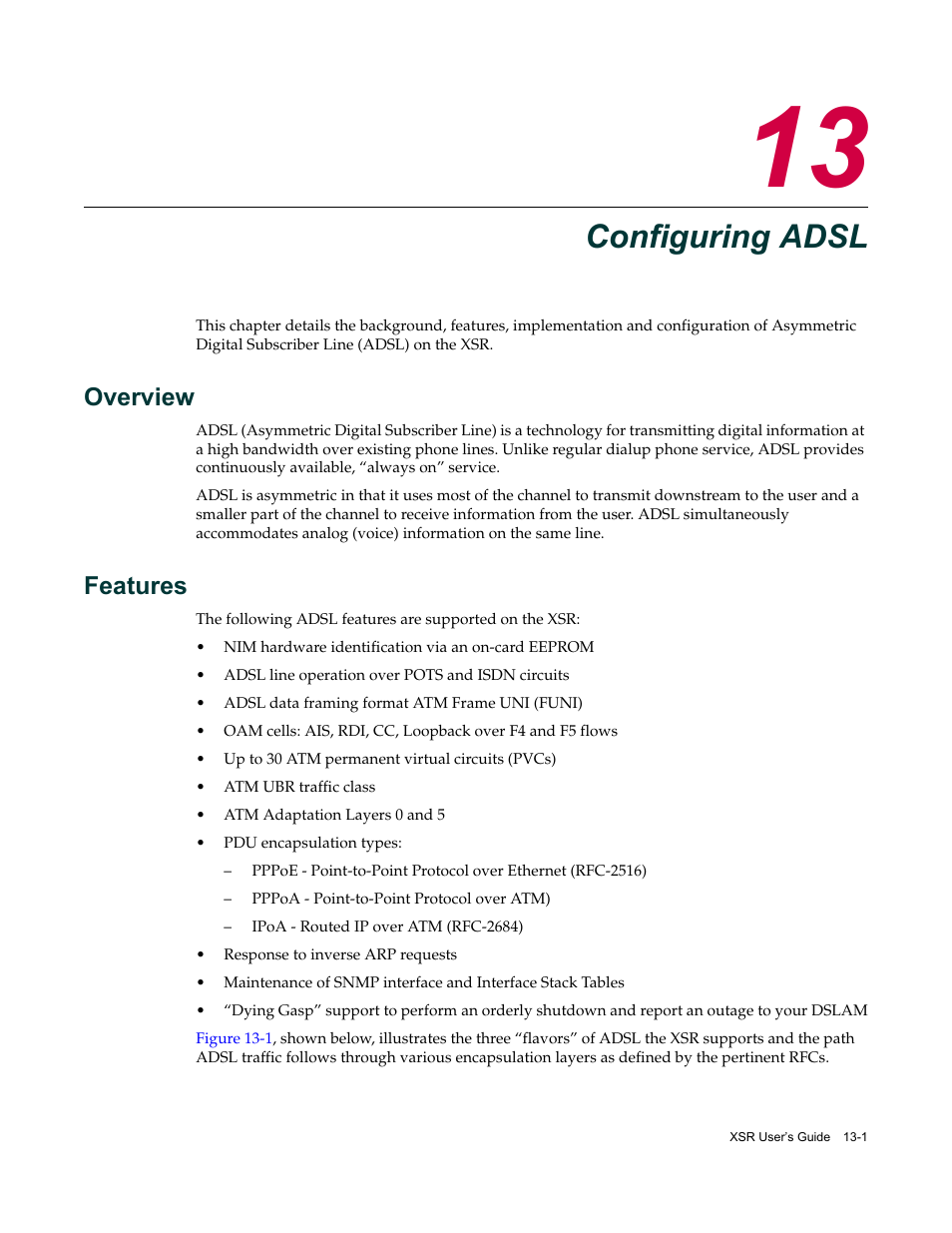 Configuring adsl, Overview, Features | Chapter 13: configuring adsl, Overview -1 features -1 | Enterasys Networks Security Router X-PeditionTM User Manual | Page 313 / 466