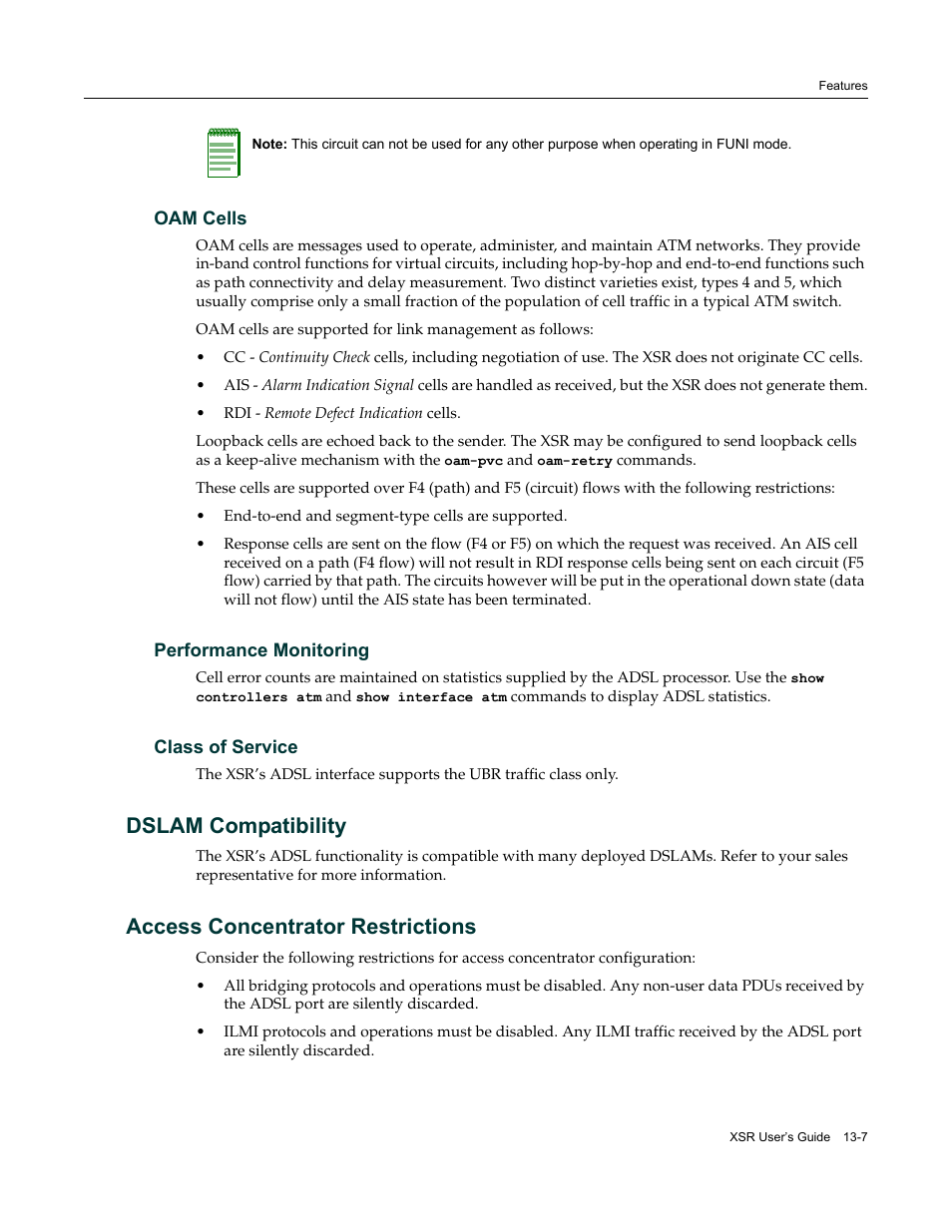 Oam cells, Performance monitoring, Class of service | Dslam compatibility, Access concentrator restrictions | Enterasys Networks Security Router X-PeditionTM User Manual | Page 319 / 466