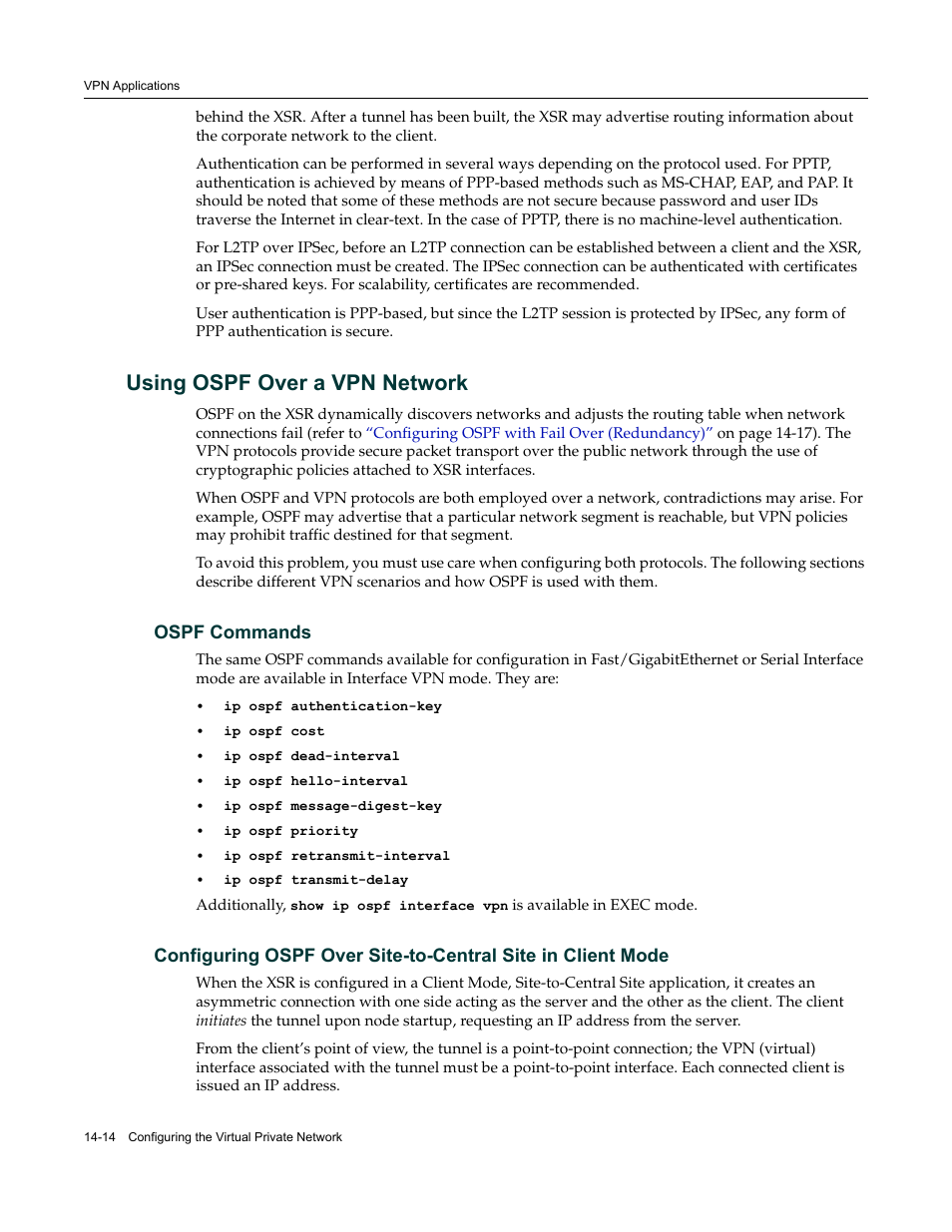 Using ospf over a vpn network, Ospf commands, Using ospf over a vpn network -14 | Enterasys Networks Security Router X-PeditionTM User Manual | Page 336 / 466