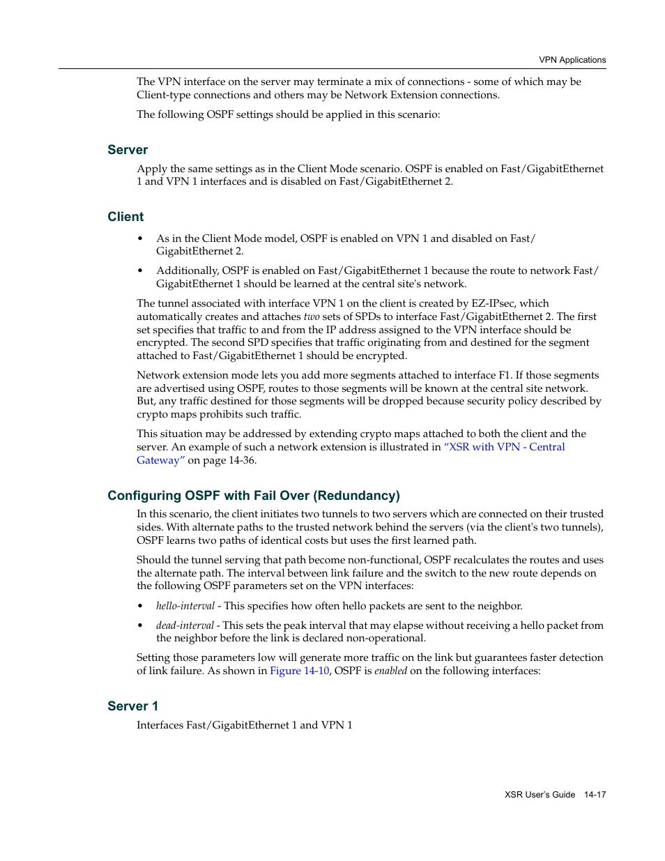 Server, Client, Configuring ospf with fail over (redundancy) | Server 1, Server 1 -17 | Enterasys Networks Security Router X-PeditionTM User Manual | Page 339 / 466