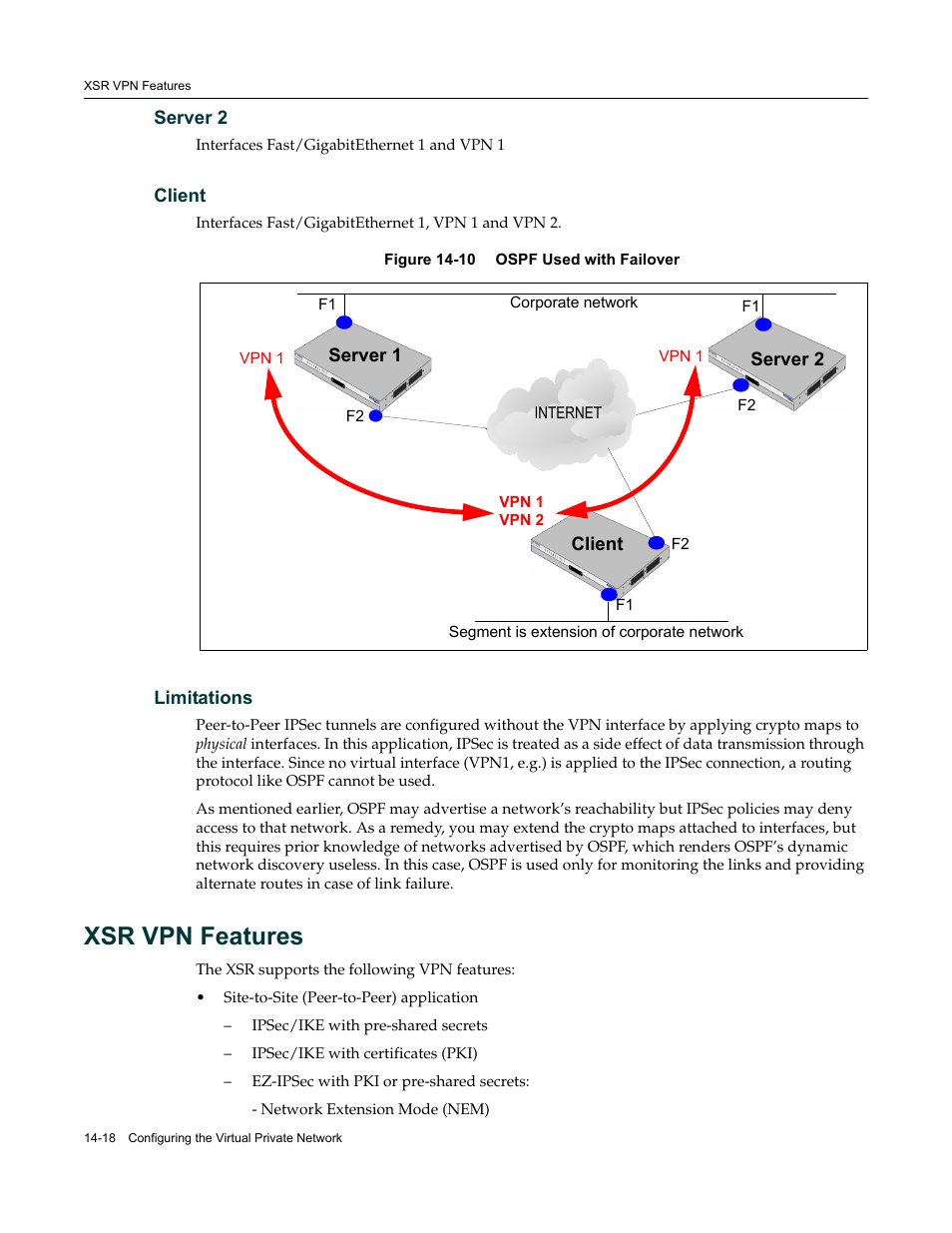 Server 2, Client, Limitations | Xsr vpn features, Server 2 -18 client -18 limitations -18, Xsr vpn features -18, Figure 14-10 | Enterasys Networks Security Router X-PeditionTM User Manual | Page 340 / 466