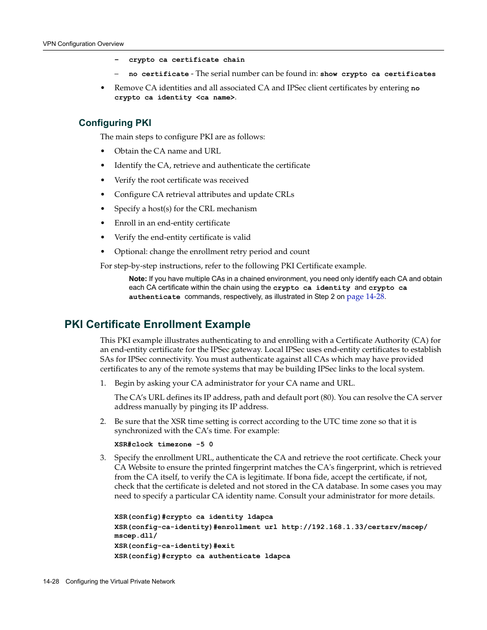 Configuring pki, Pki certificate enrollment example, Configuring pki -28 | Pki certificate enrollment example -28 | Enterasys Networks Security Router X-PeditionTM User Manual | Page 350 / 466