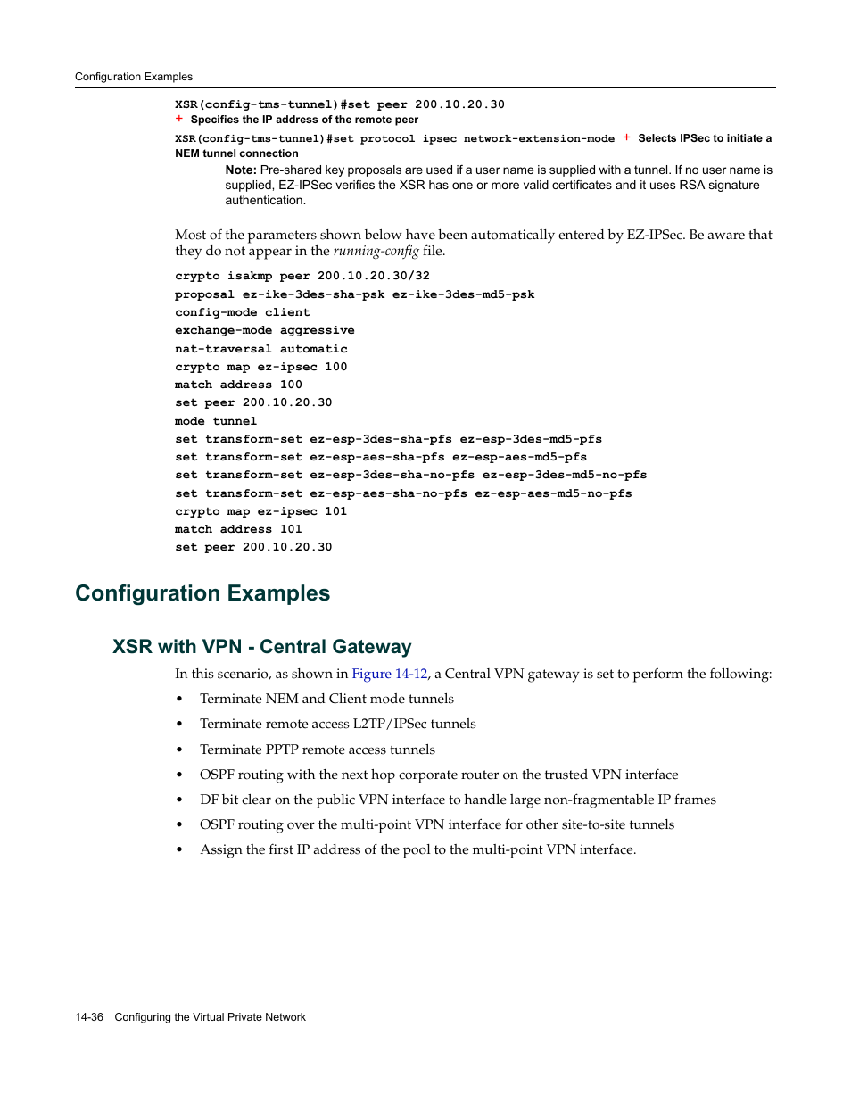 Configuration examples, Xsr with vpn - central gateway, Configuration examples -36 | Xsr with vpn - central gateway -36, Configuration, Examples, Xsr with vpn - central, Gateway | Enterasys Networks Security Router X-PeditionTM User Manual | Page 358 / 466