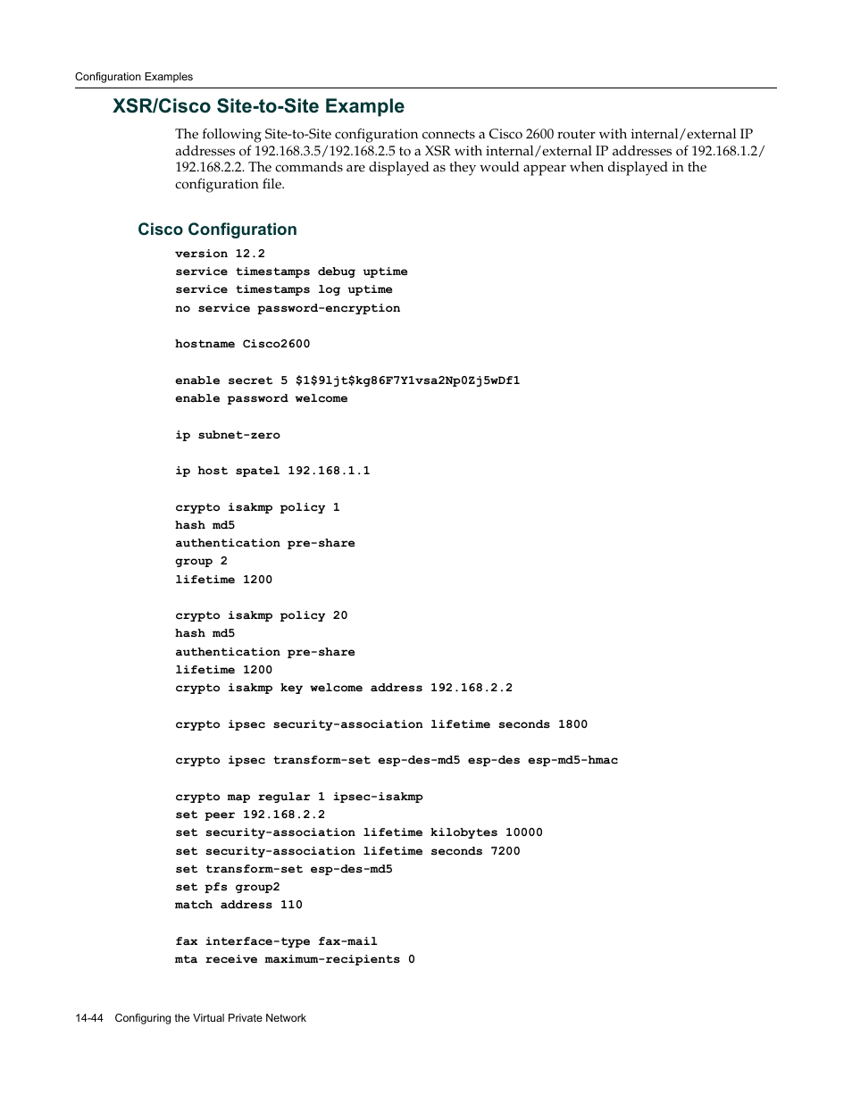 Xsr/cisco site-to-site example, Cisco configuration, Xsr/cisco site-to-site example -44 | Cisco configuration -44 | Enterasys Networks Security Router X-PeditionTM User Manual | Page 366 / 466
