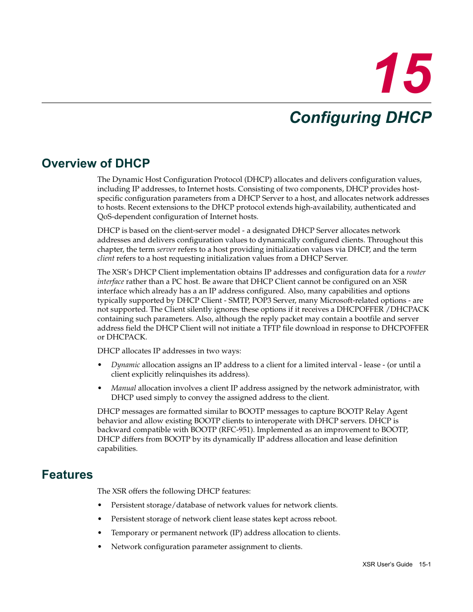 Configuring dhcp, Overview of dhcp, Features | Chapter 15: configuring dhcp, Overview of dhcp -1 features -1 | Enterasys Networks Security Router X-PeditionTM User Manual | Page 375 / 466